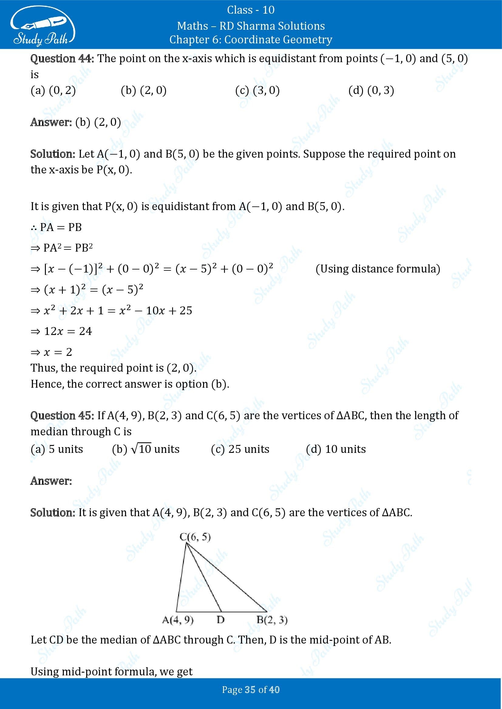 RD Sharma Solutions Class 10 Chapter 6 Coordinate Geometry Multiple Choice Question MCQs 00035