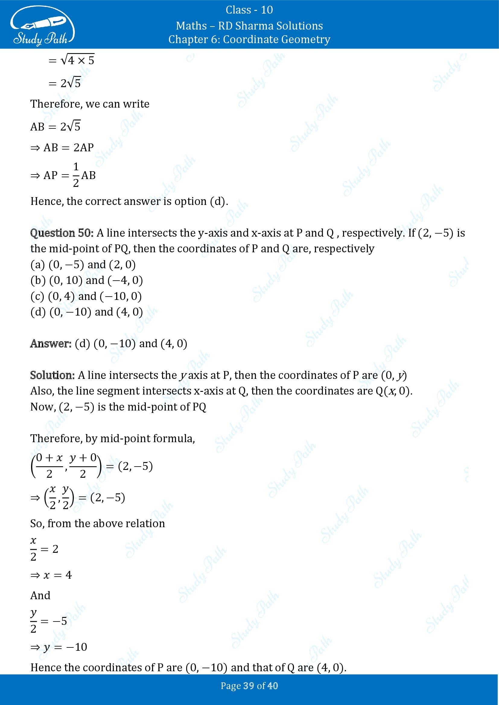 RD Sharma Solutions Class 10 Chapter 6 Coordinate Geometry Multiple Choice Question MCQs 00039
