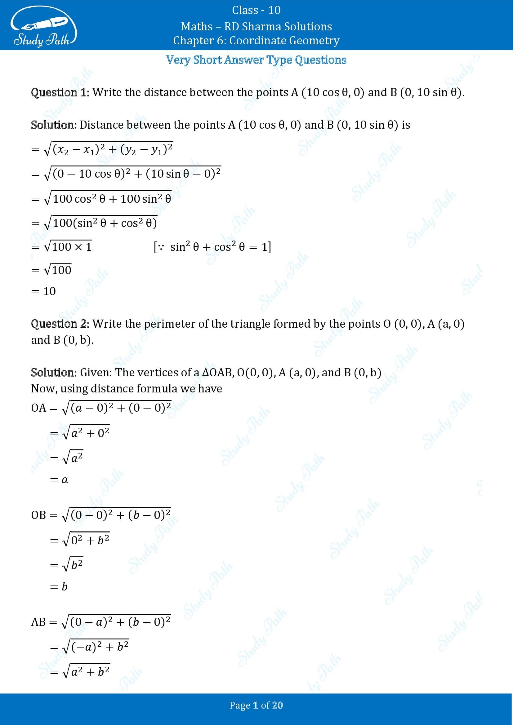 RD Sharma Solutions Class 10 Chapter 6 Coordinate Geometry Very Short Answer Type Questions VSAQs 00001