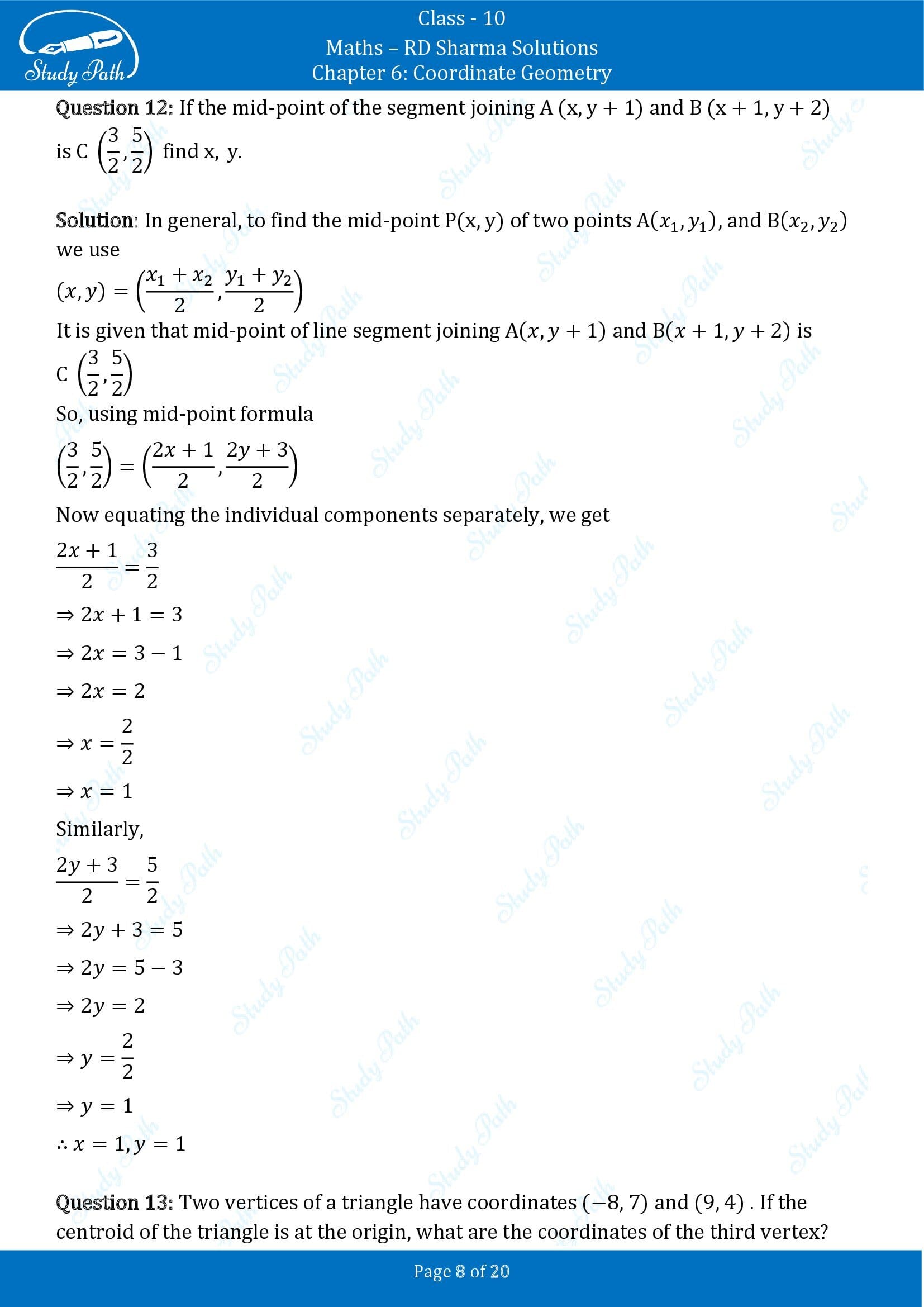 RD Sharma Solutions Class 10 Chapter 6 Coordinate Geometry Very Short Answer Type Questions VSAQs 00008