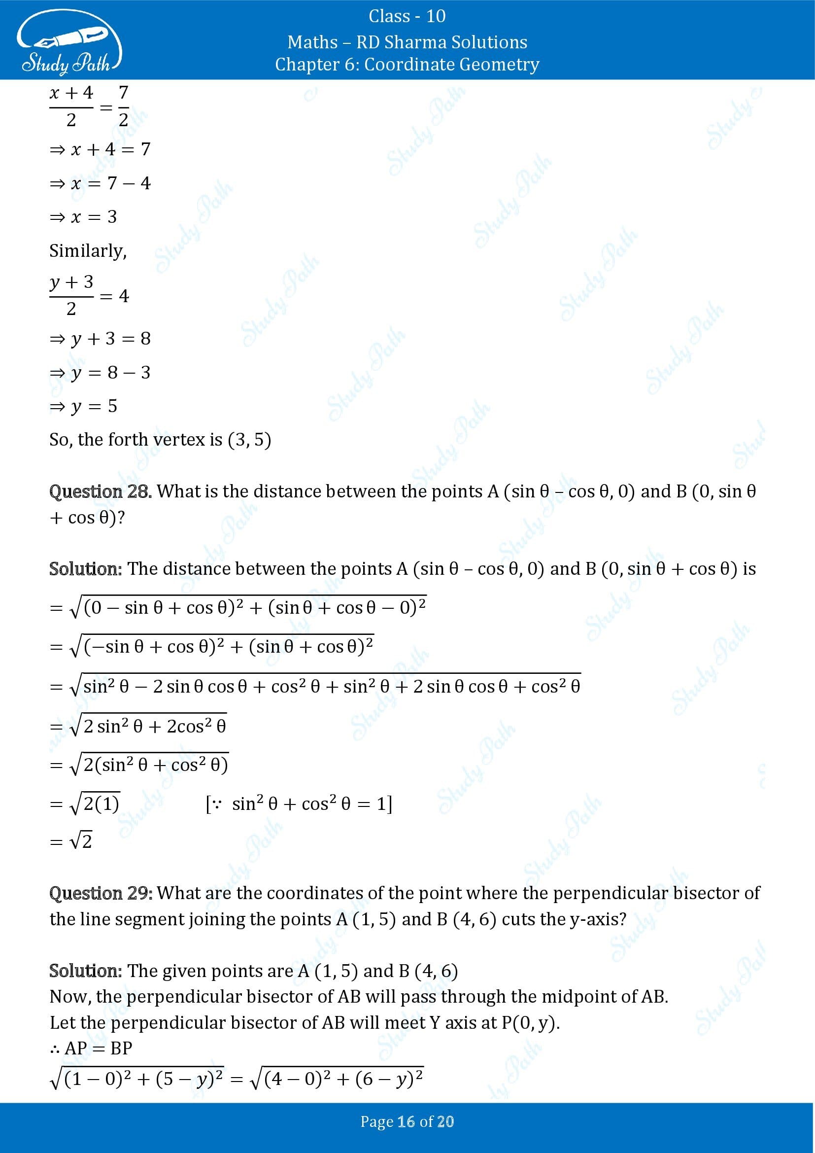 RD Sharma Solutions Class 10 Chapter 6 Coordinate Geometry Very Short Answer Type Questions VSAQs 00016