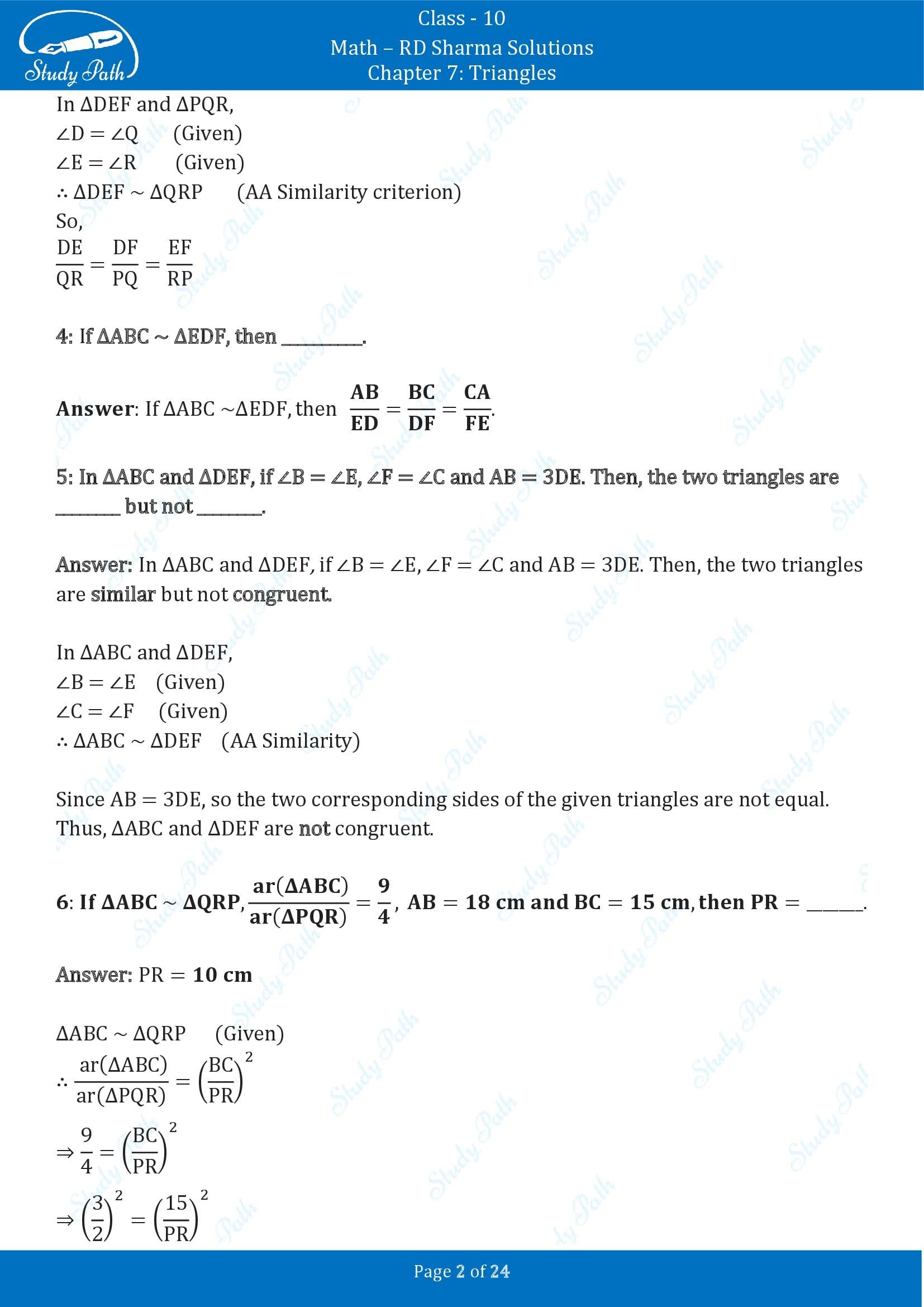 RD Sharma Solutions Class 10 Chapter 7 Triangles Fill in the Blank Type Questions FBQs 00002