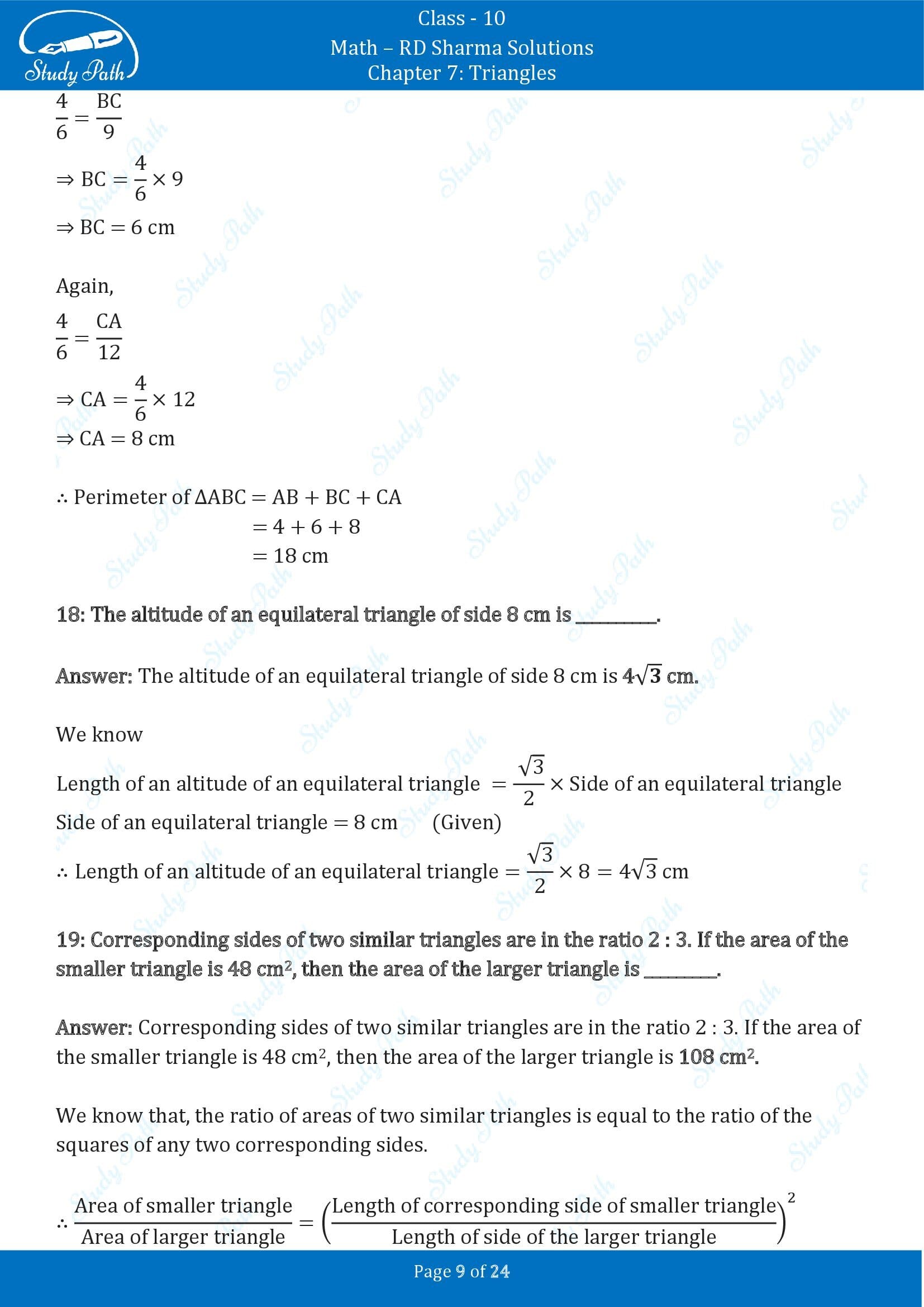 RD Sharma Solutions Class 10 Chapter 7 Triangles Fill in the Blank Type Questions FBQs 00009