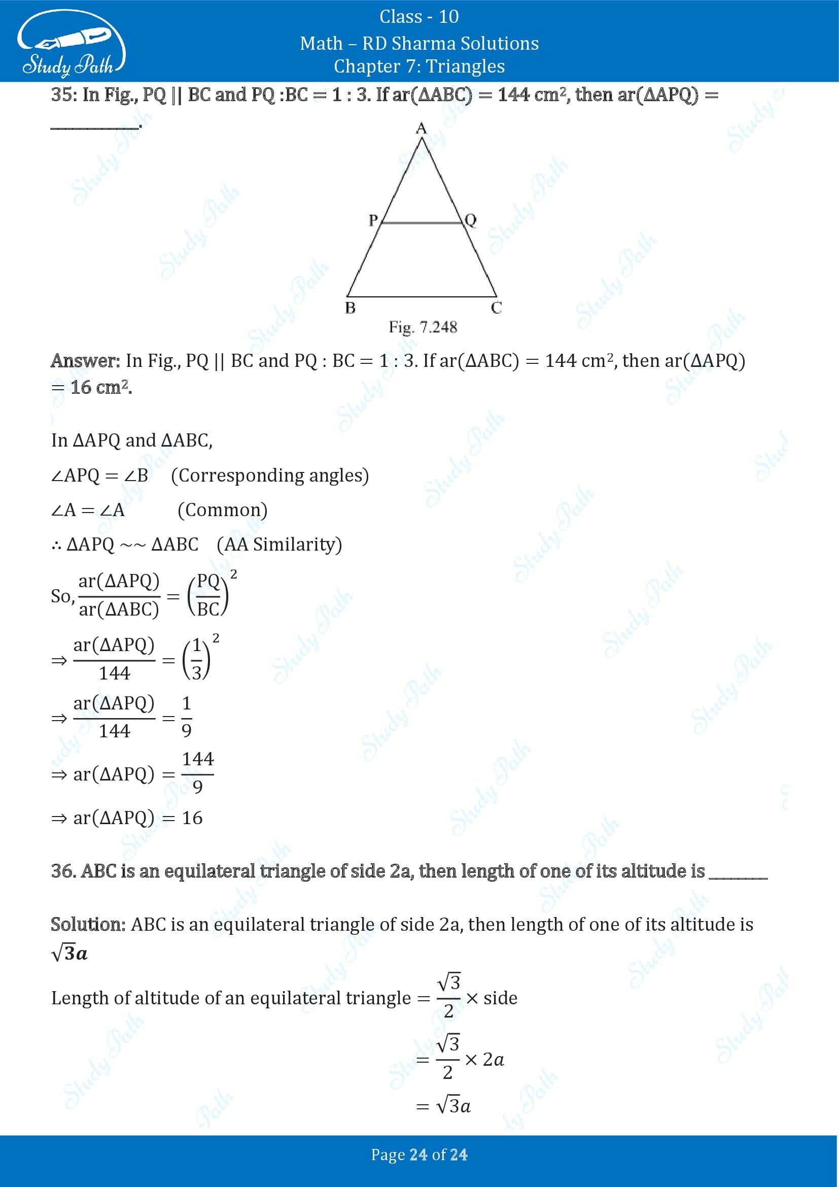 RD Sharma Solutions Class 10 Chapter 7 Triangles Fill in the Blank Type Questions FBQs 00024
