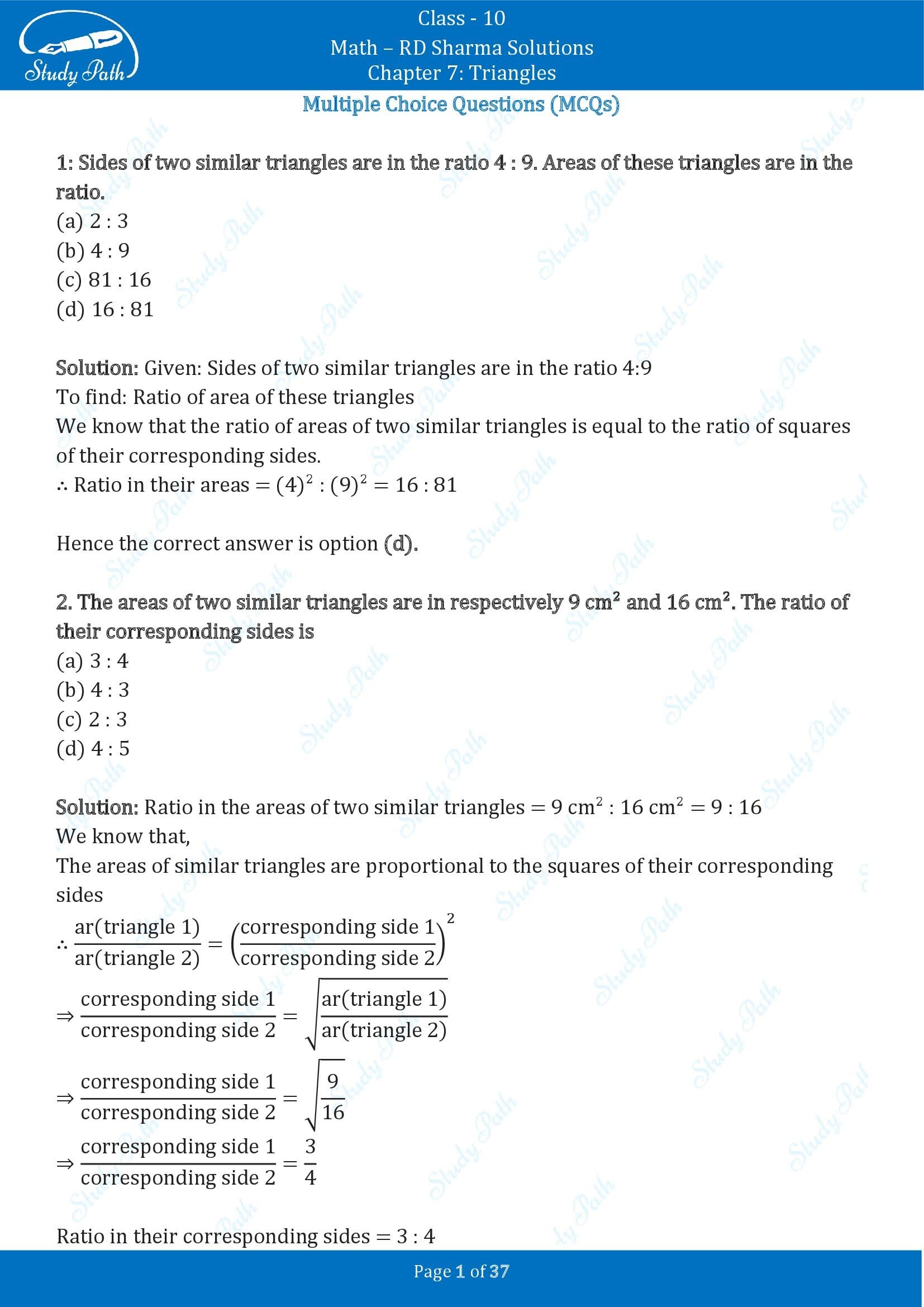 RD Sharma Solutions Class 10 Chapter 7 Triangles Multiple Choice Question MCQs 00001
