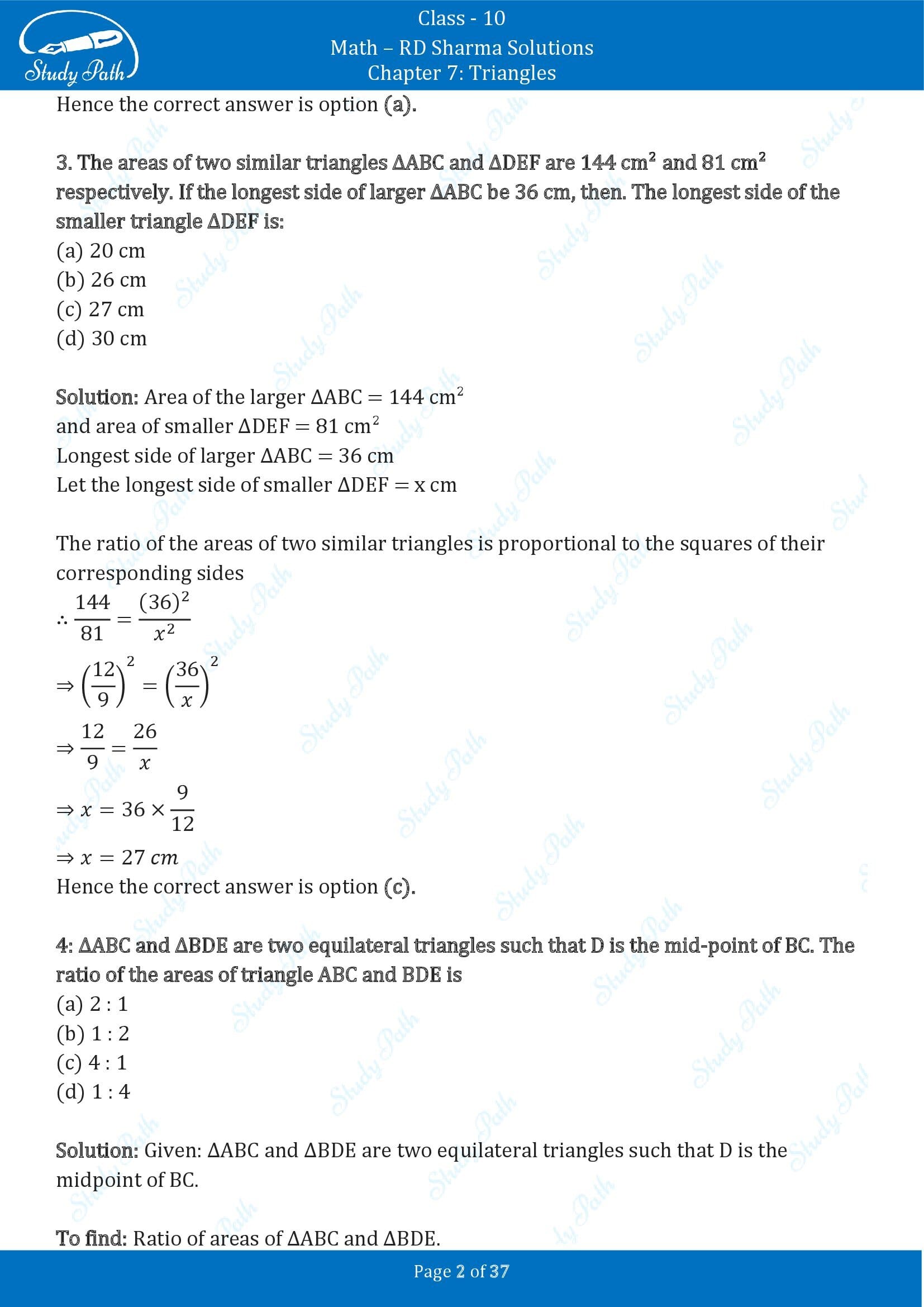 RD Sharma Solutions Class 10 Chapter 7 Triangles Multiple Choice Question MCQs 00002