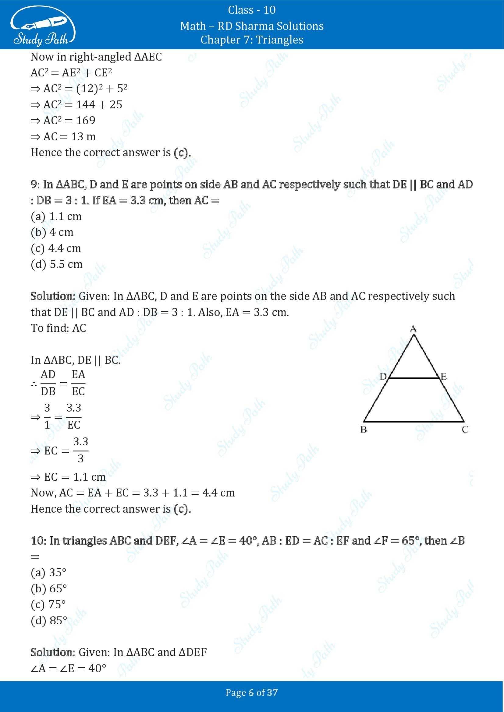 RD Sharma Solutions Class 10 Chapter 7 Triangles Multiple Choice Question MCQs 00006