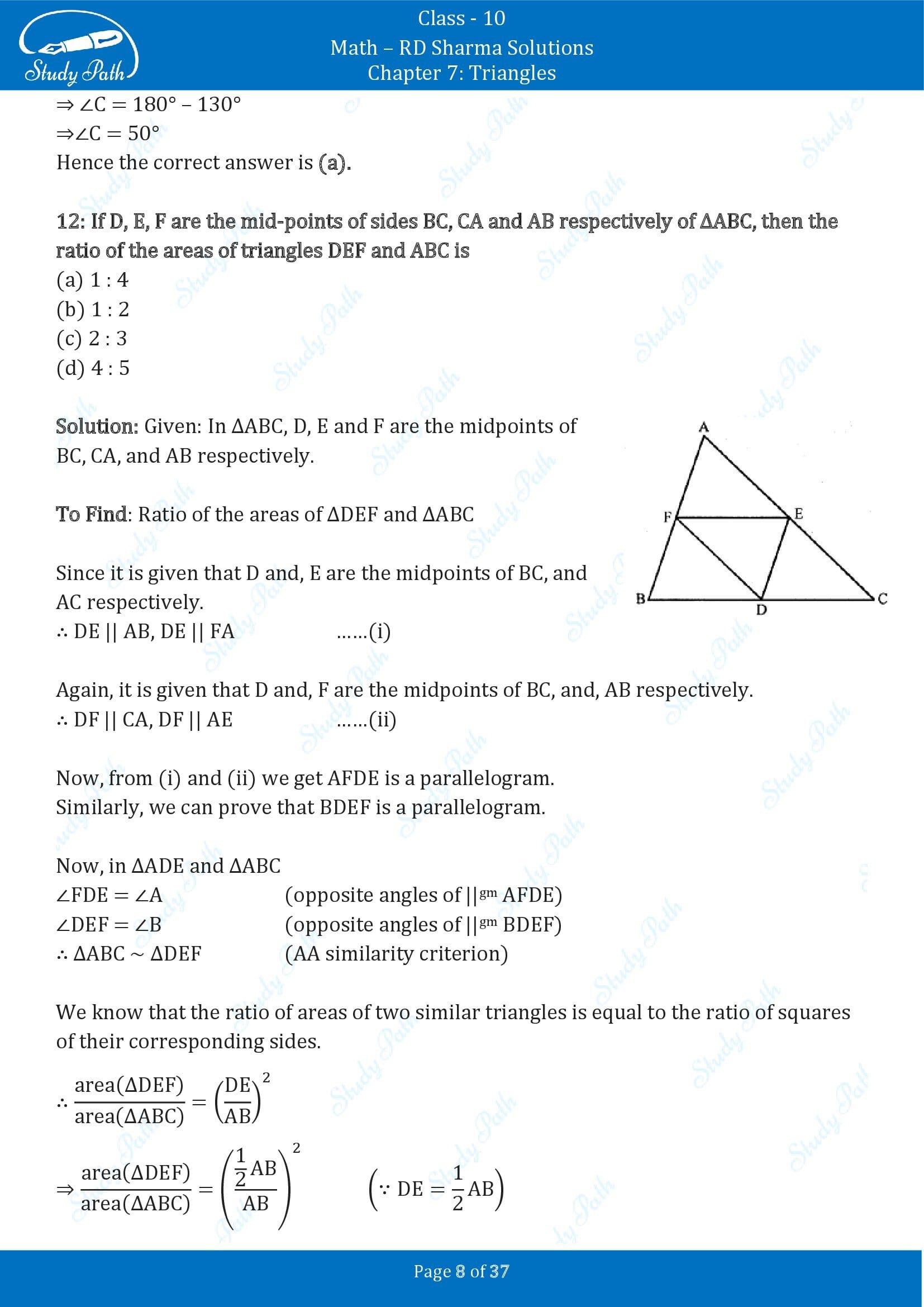 RD Sharma Solutions Class 10 Chapter 7 Triangles Multiple Choice Question MCQs 00008