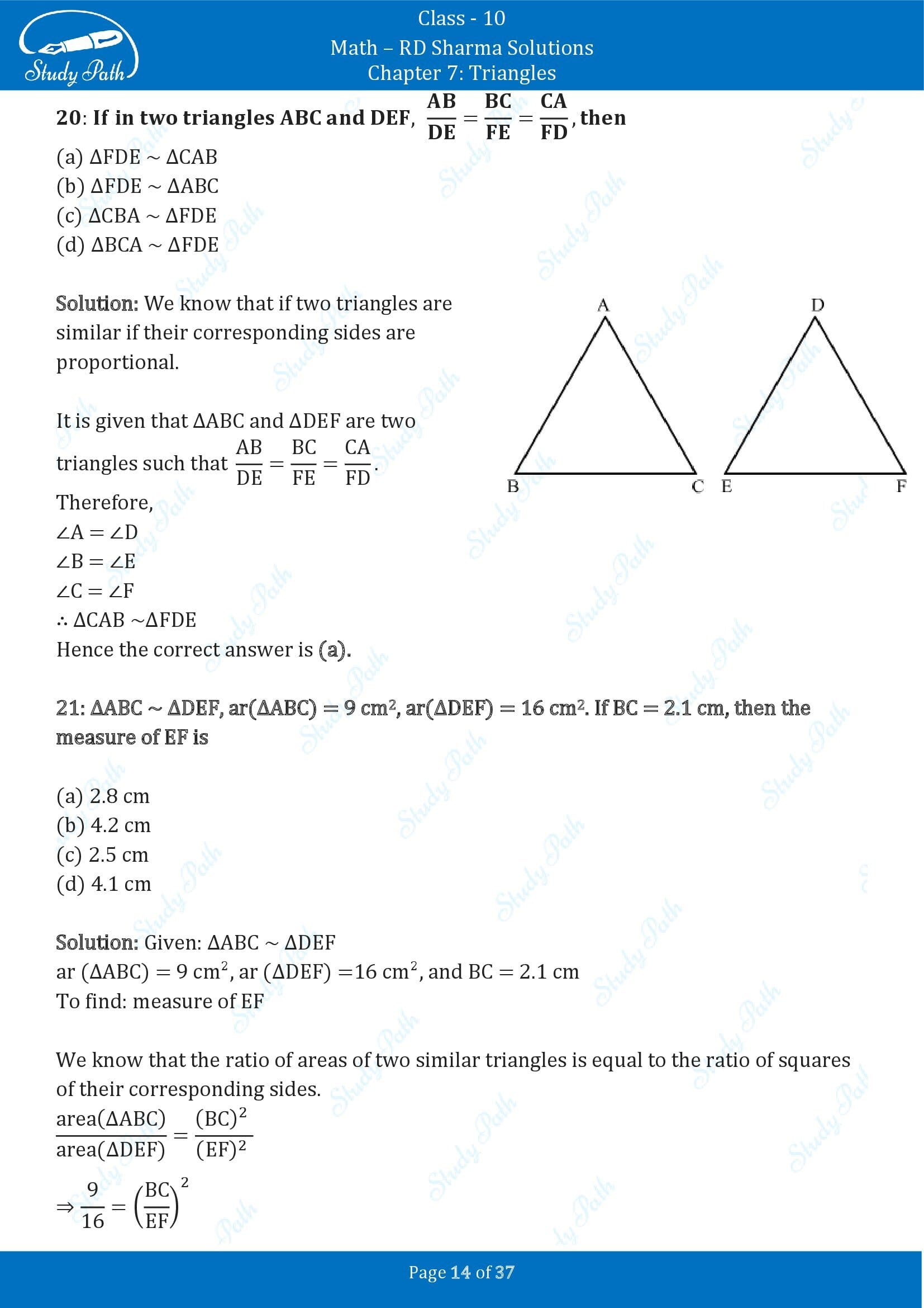 RD Sharma Solutions Class 10 Chapter 7 Triangles Multiple Choice Question MCQs 00014