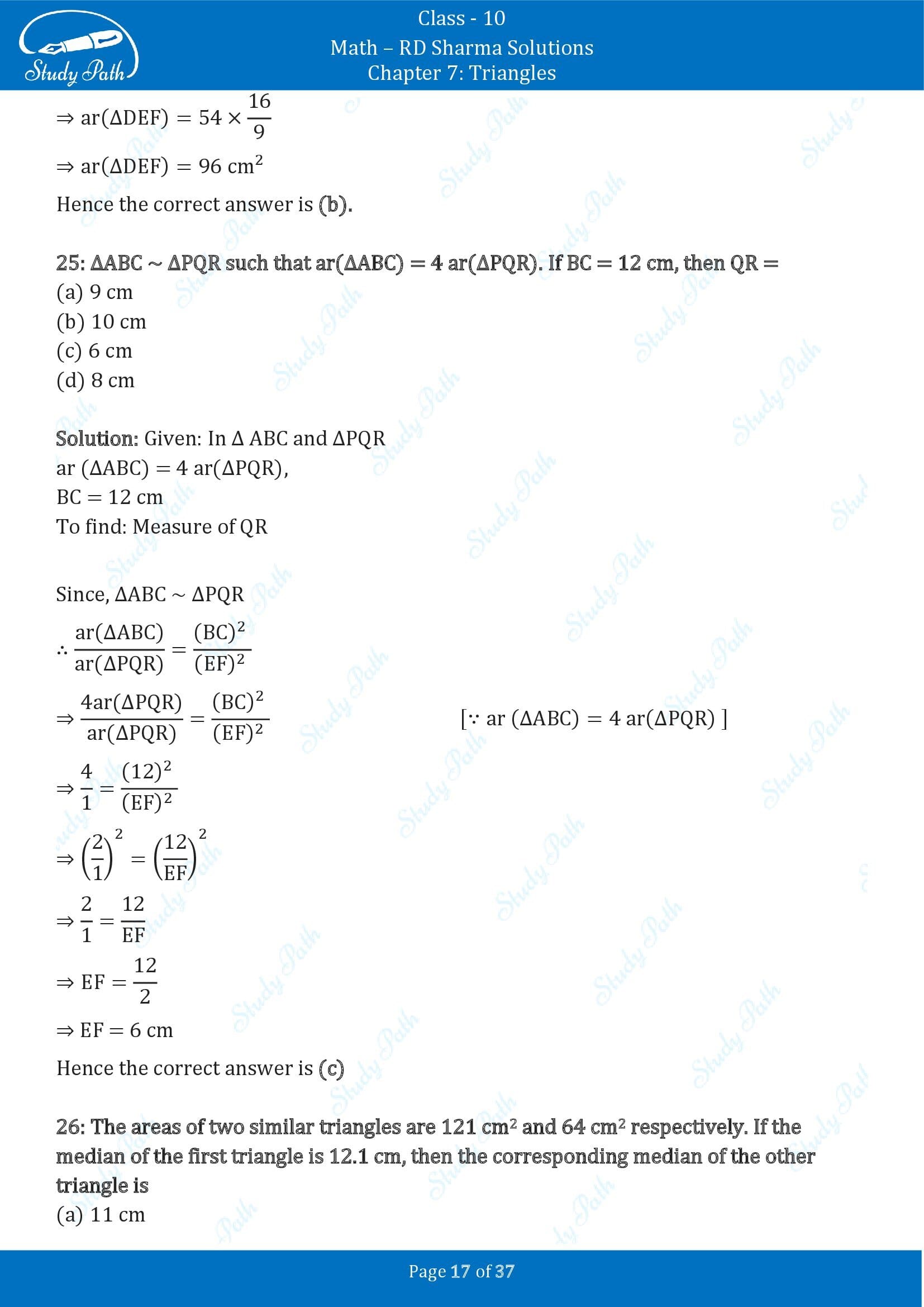 RD Sharma Solutions Class 10 Chapter 7 Triangles Multiple Choice Question MCQs 00017