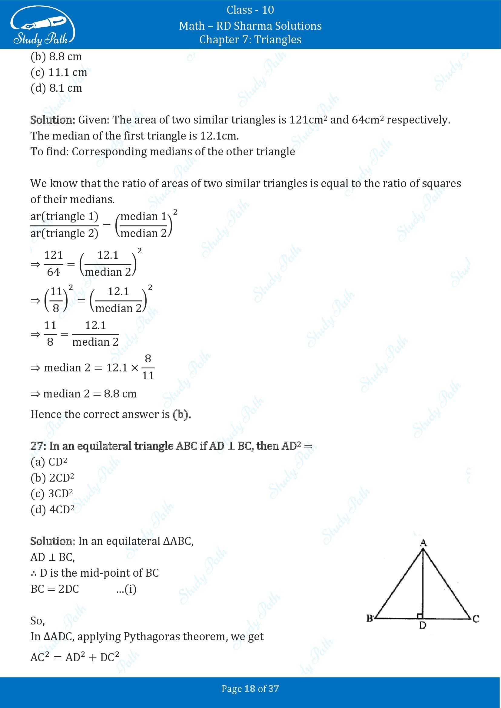RD Sharma Solutions Class 10 Chapter 7 Triangles Multiple Choice Question MCQs 00018