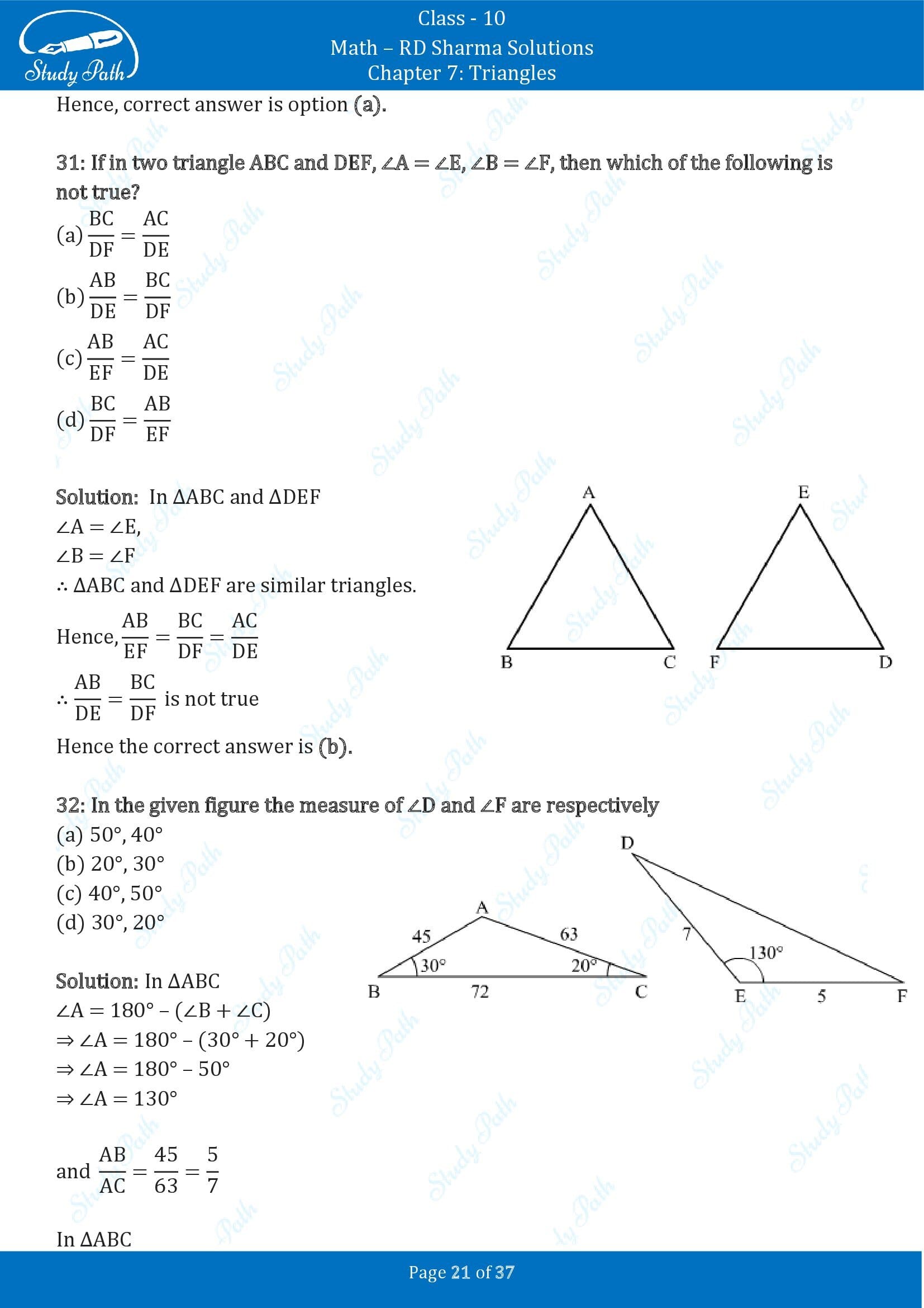RD Sharma Solutions Class 10 Chapter 7 Triangles Multiple Choice Question MCQs 00021