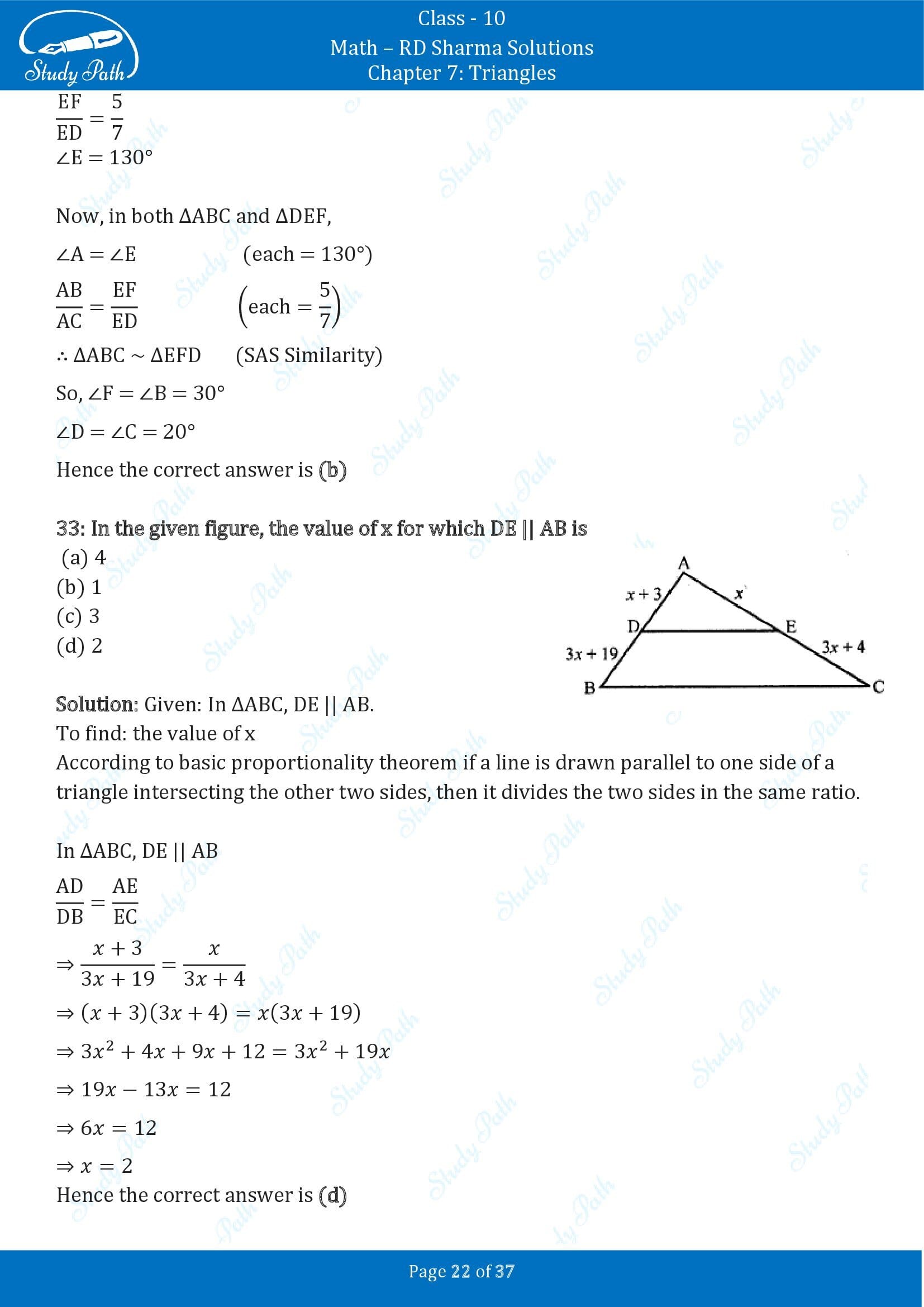 RD Sharma Solutions Class 10 Chapter 7 Triangles Multiple Choice Question MCQs 00022