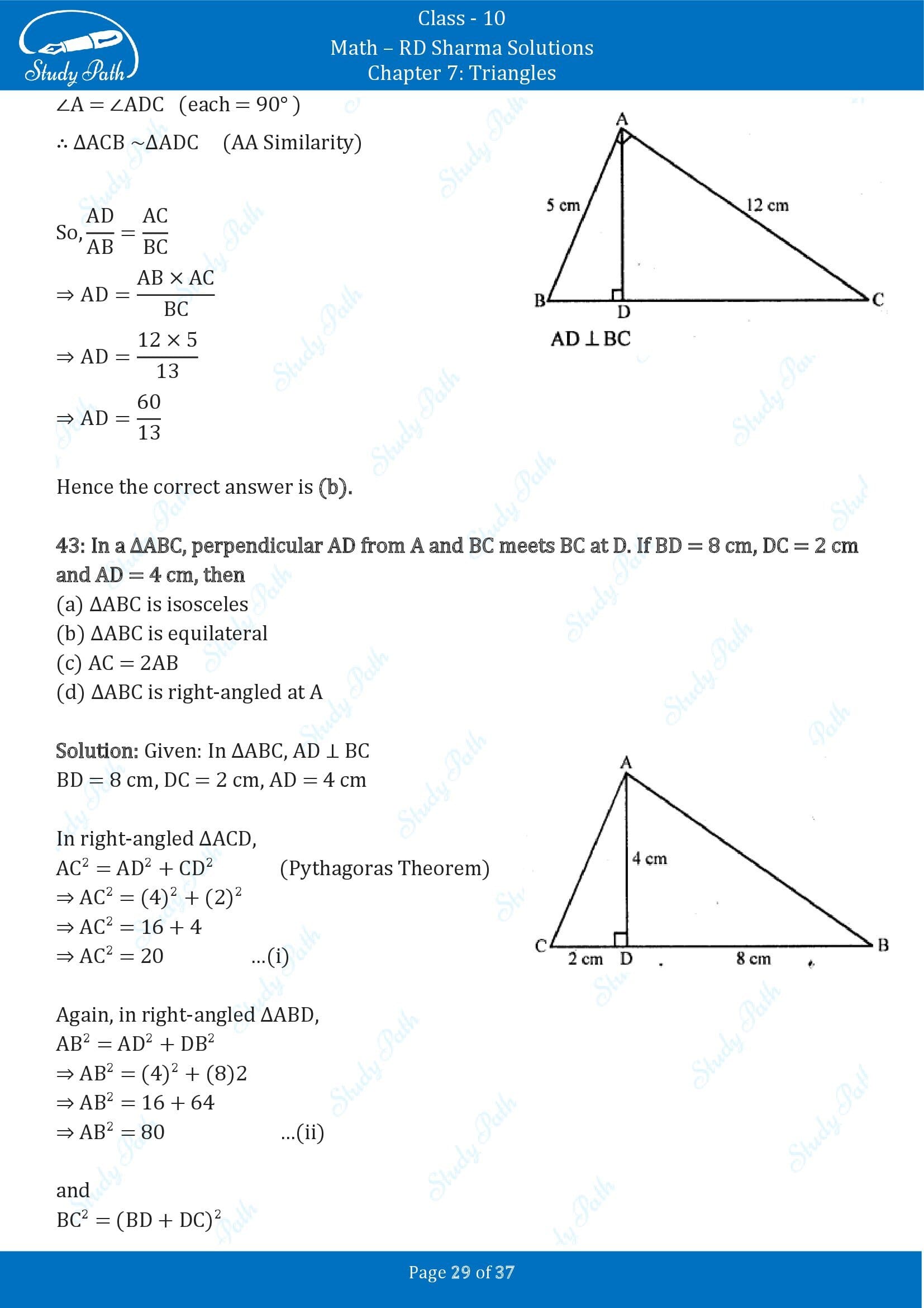 RD Sharma Solutions Class 10 Chapter 7 Triangles Multiple Choice Question MCQs 00029