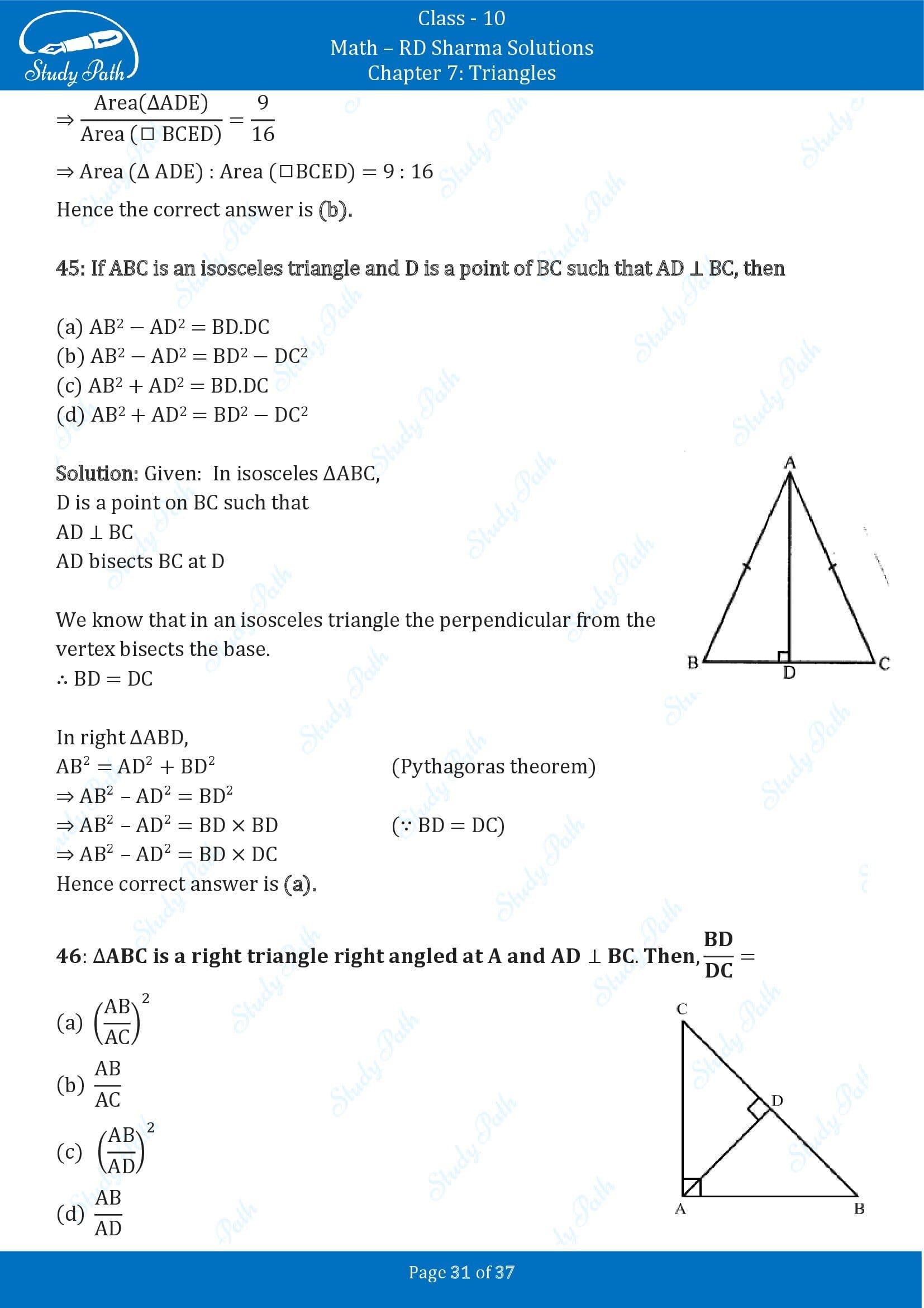 RD Sharma Solutions Class 10 Chapter 7 Triangles Multiple Choice Question MCQs 00031