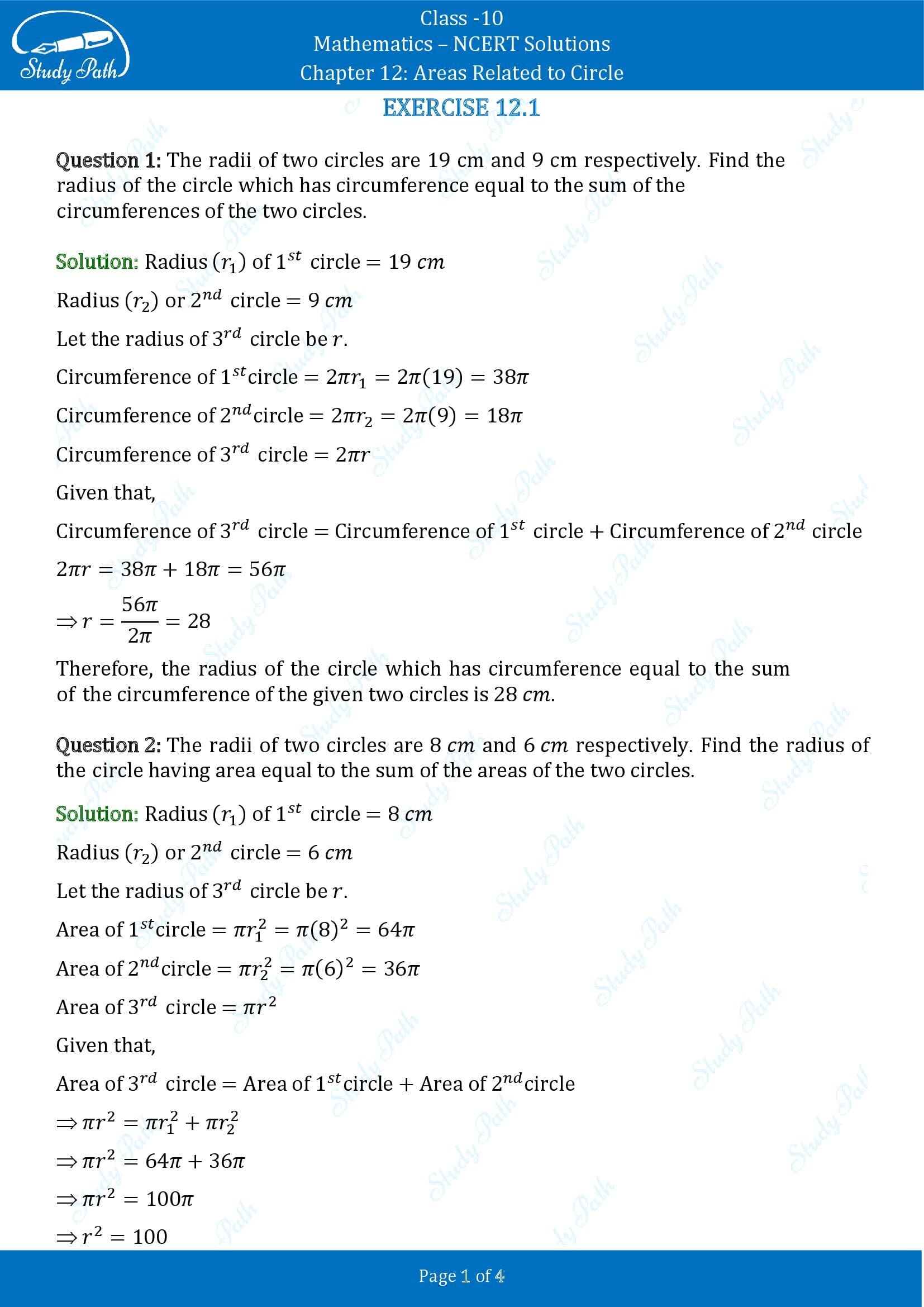 NCERT Solutions for Class 10 Maths Chapter 12 Areas Related to Circles Exercise 12.1 00001