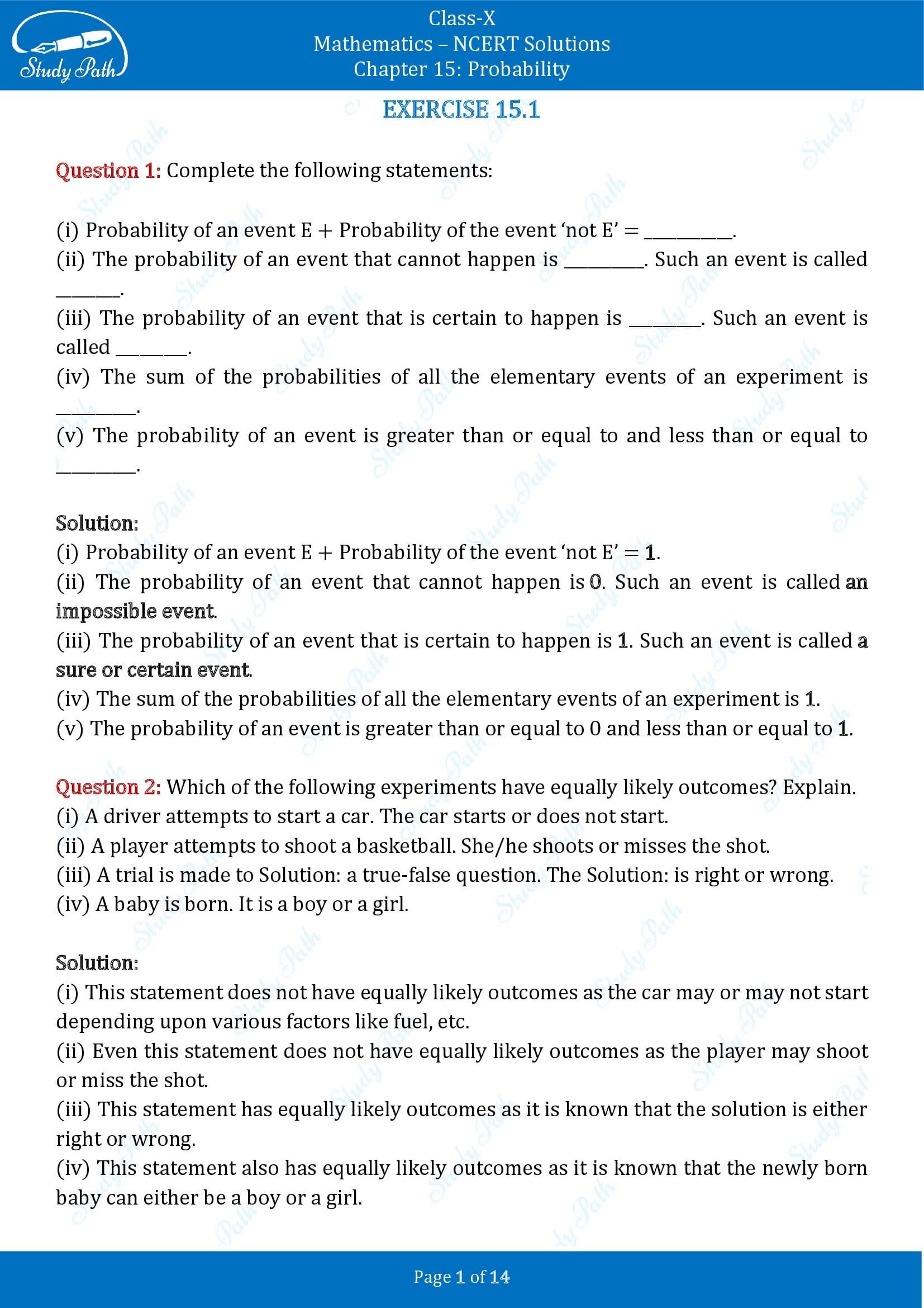 NCERT Solutions for Class 10 Maths Chapter 15 Probability Exercise 15.1 00001