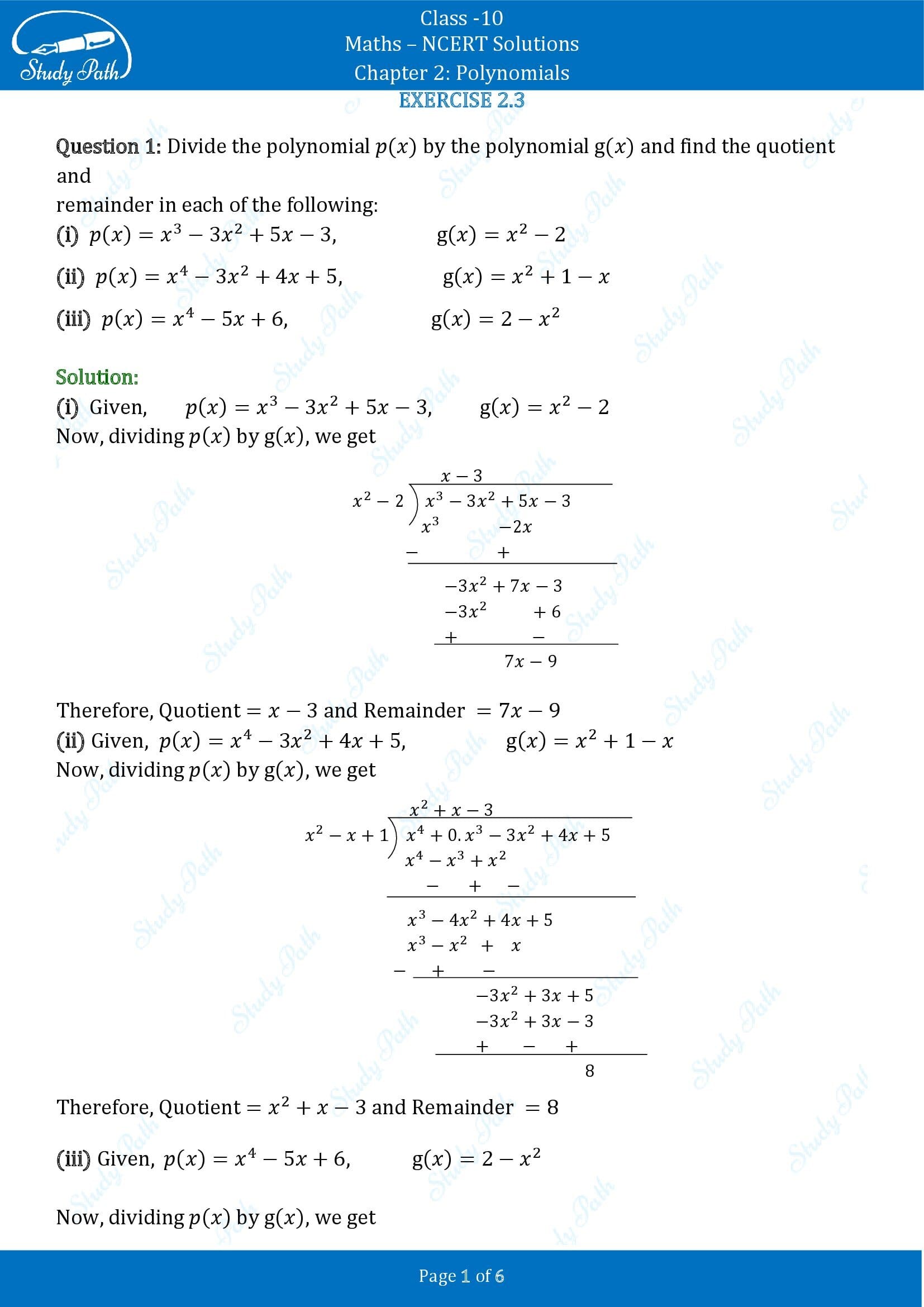 NCERT Solutions for Class 10 Maths Chapter 2 Polynomials Exercise 2.3 00001