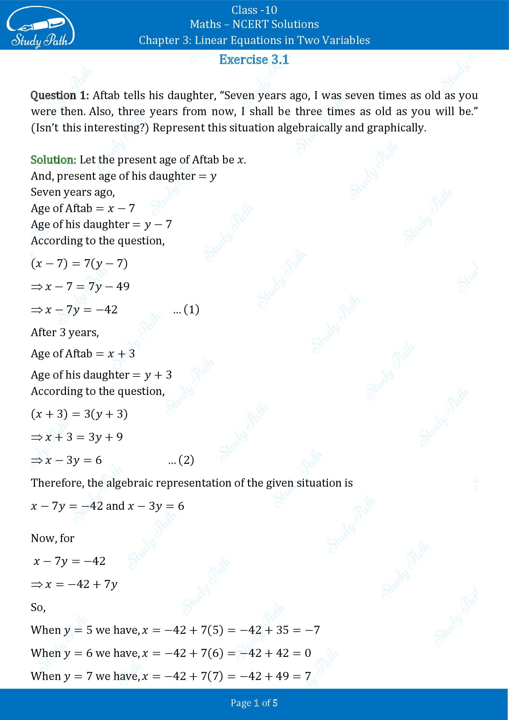 NCERT Solutions for Class 10 Maths Chapter 3 Linear Equations in Two Variables Exercise 3.1 00001