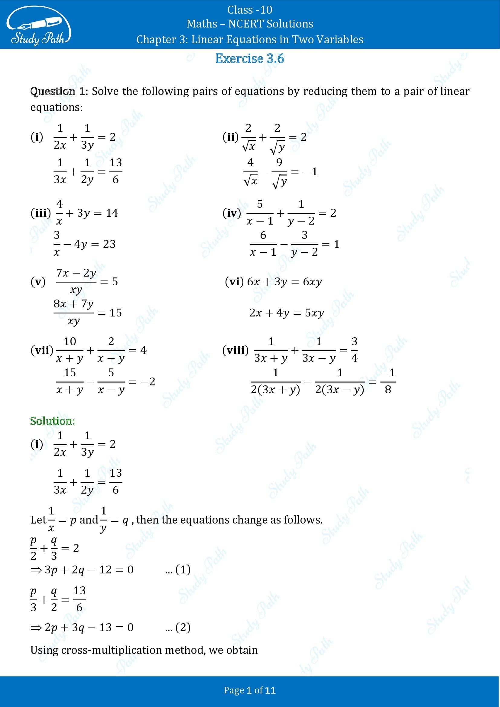 NCERT Solutions for Class 10 Maths Chapter 3 Linear Equations in Two Variables Exercise 3.6 00001