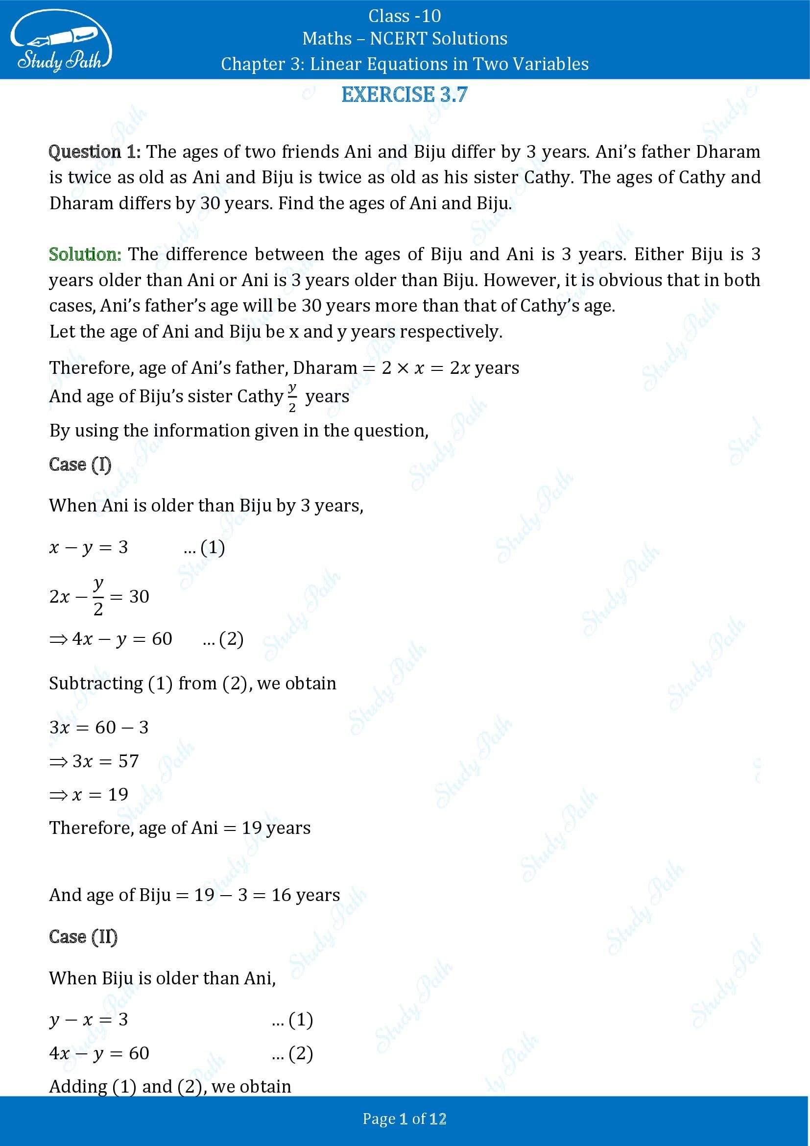 NCERT Solutions for Class 10 Maths Chapter 3 Linear Equations in Two Variables Exercise 3.7 00001