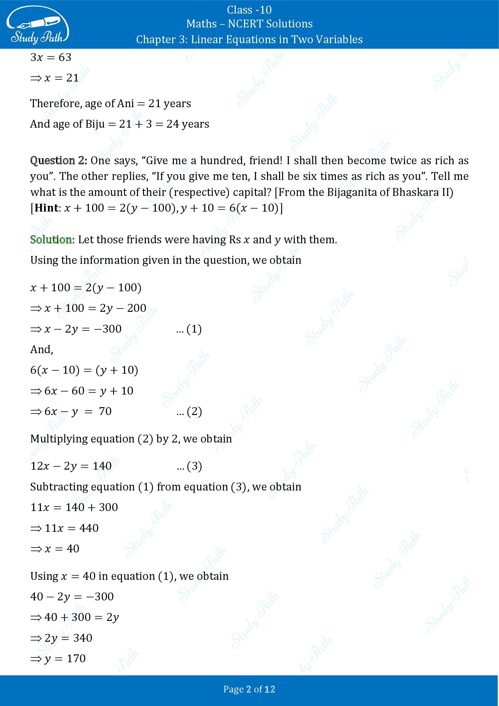 NCERT Solutions for Class 10 Maths Chapter 3 Linear Equations in Two Variables Exercise 3.7 00002