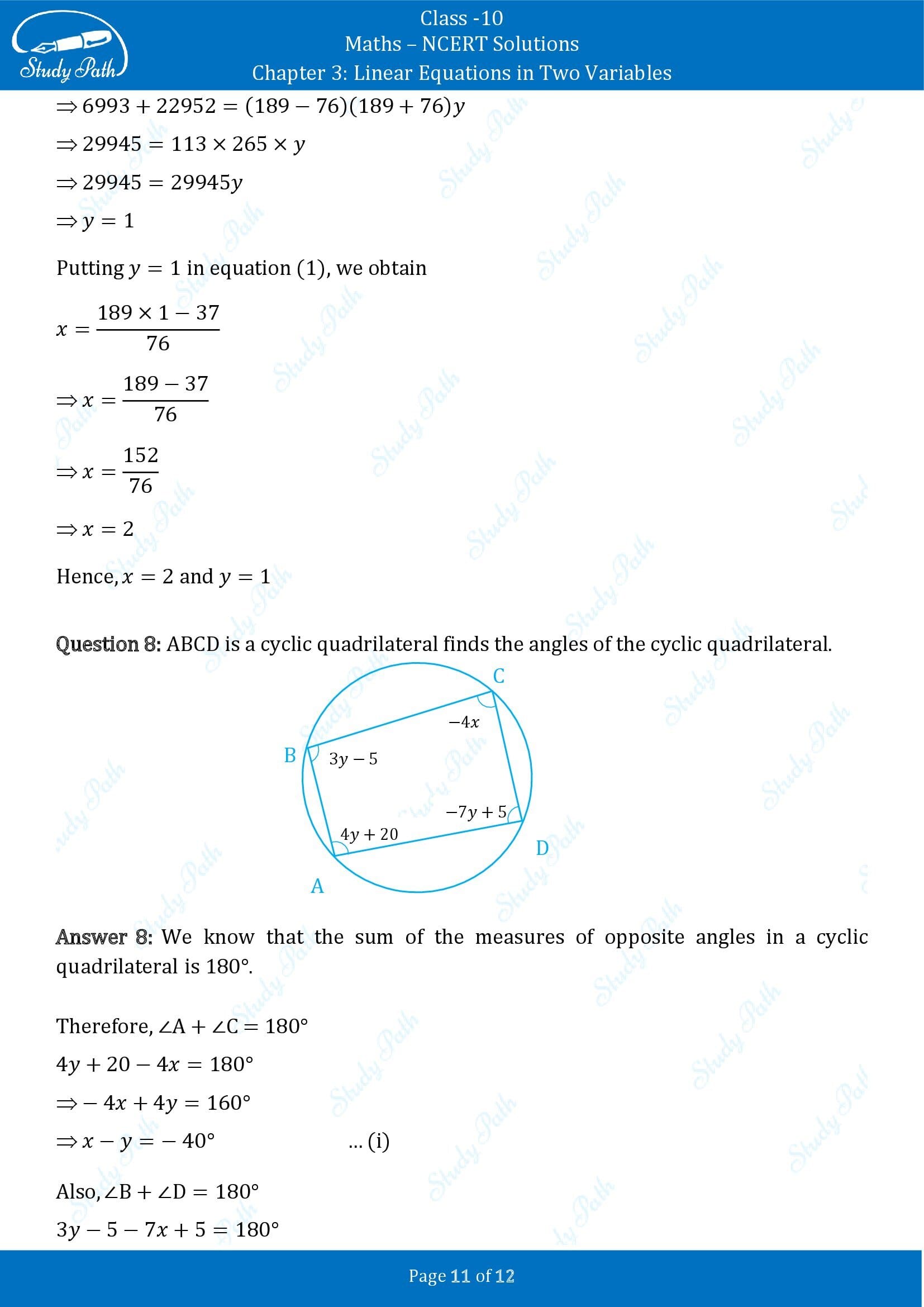 NCERT Solutions for Class 10 Maths Chapter 3 Linear Equations in Two Variables Exercise 3.7 00011
