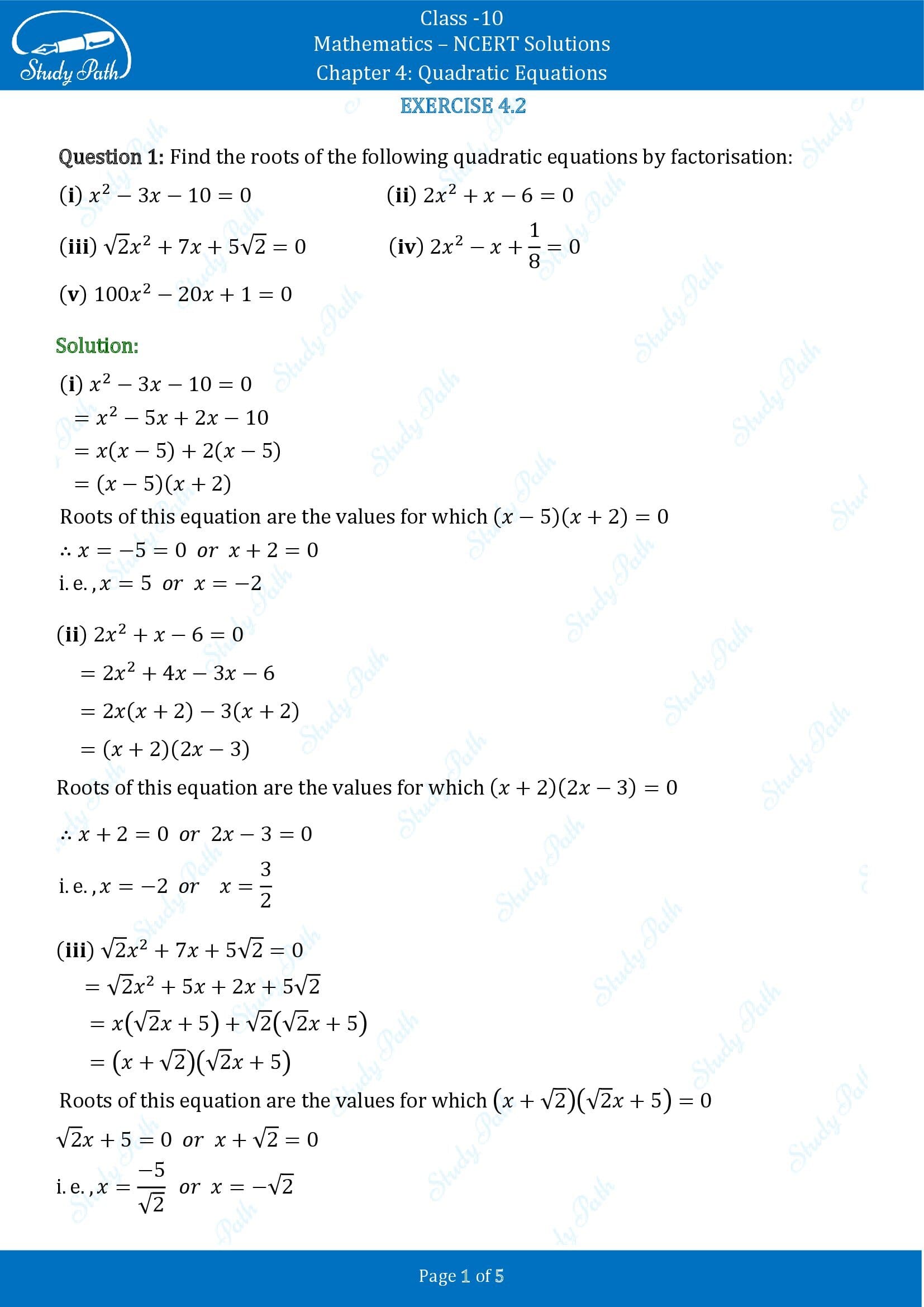 NCERT Solutions for Class 10 Maths Chapter 4 Quadratic Equations Exercise 4.2 00001