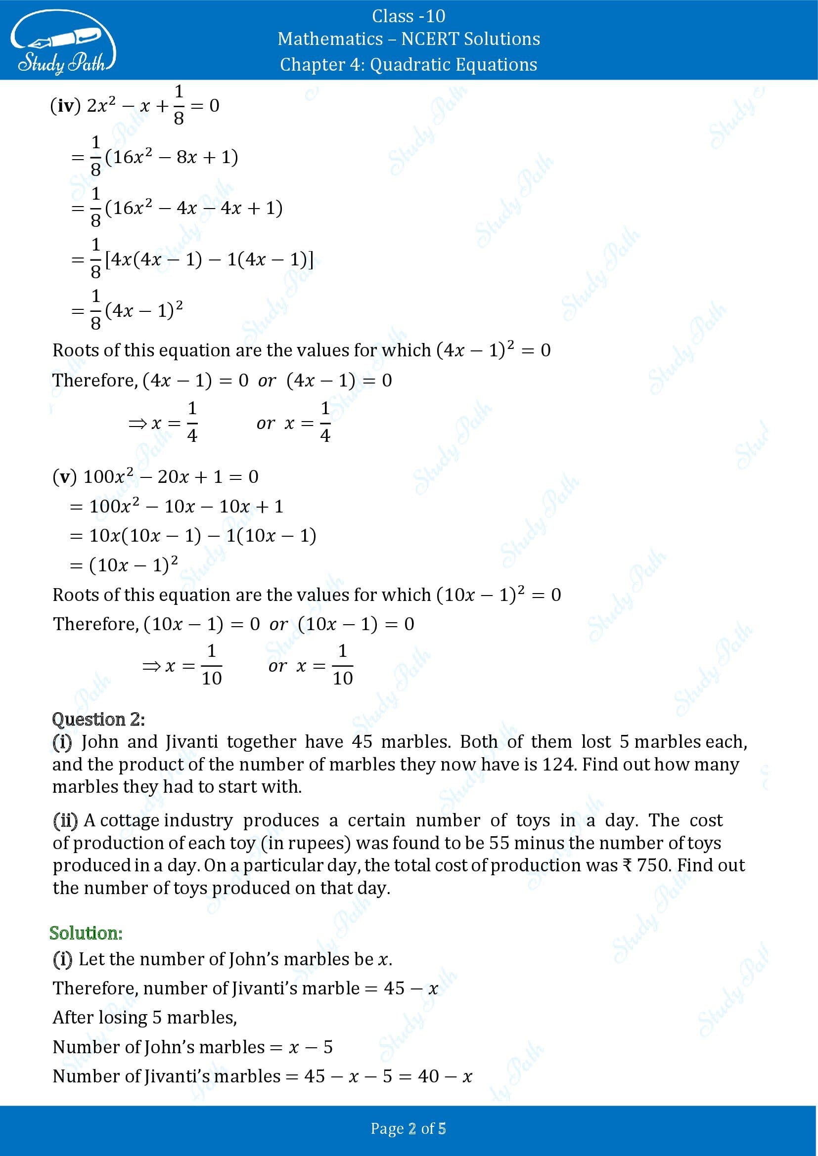 NCERT Solutions for Class 10 Maths Chapter 4 Quadratic Equations Exercise 4.2 00002