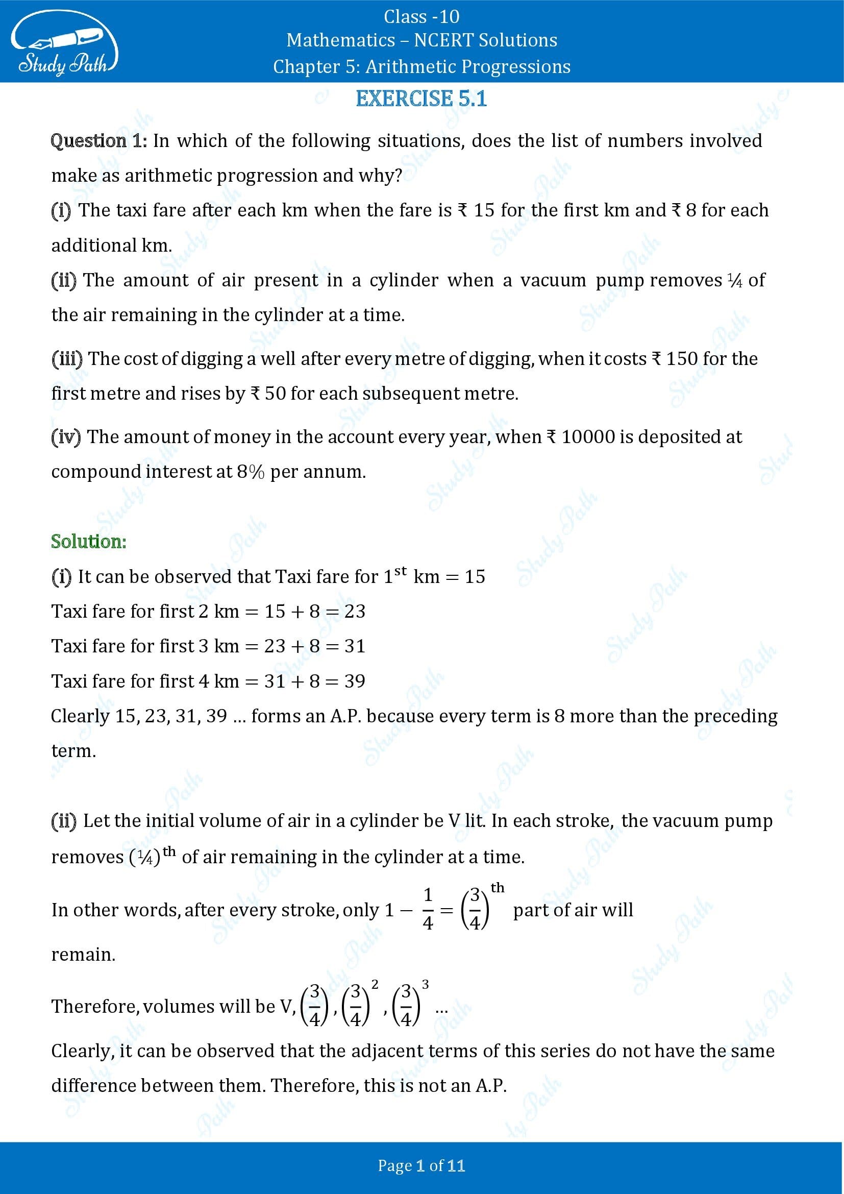 NCERT Solutions for Class 10 Maths Chapter 5 Arithmetic Progressions Exercise 5.1 00001