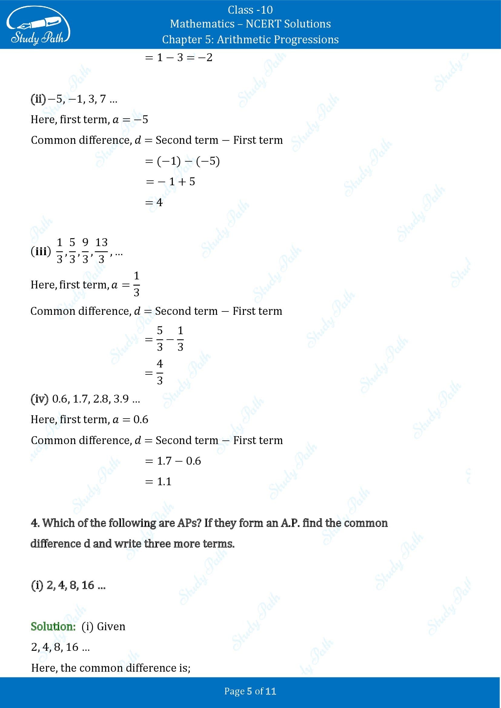 NCERT Solutions for Class 10 Maths Chapter 5 Arithmetic Progressions Exercise 5.1 00005