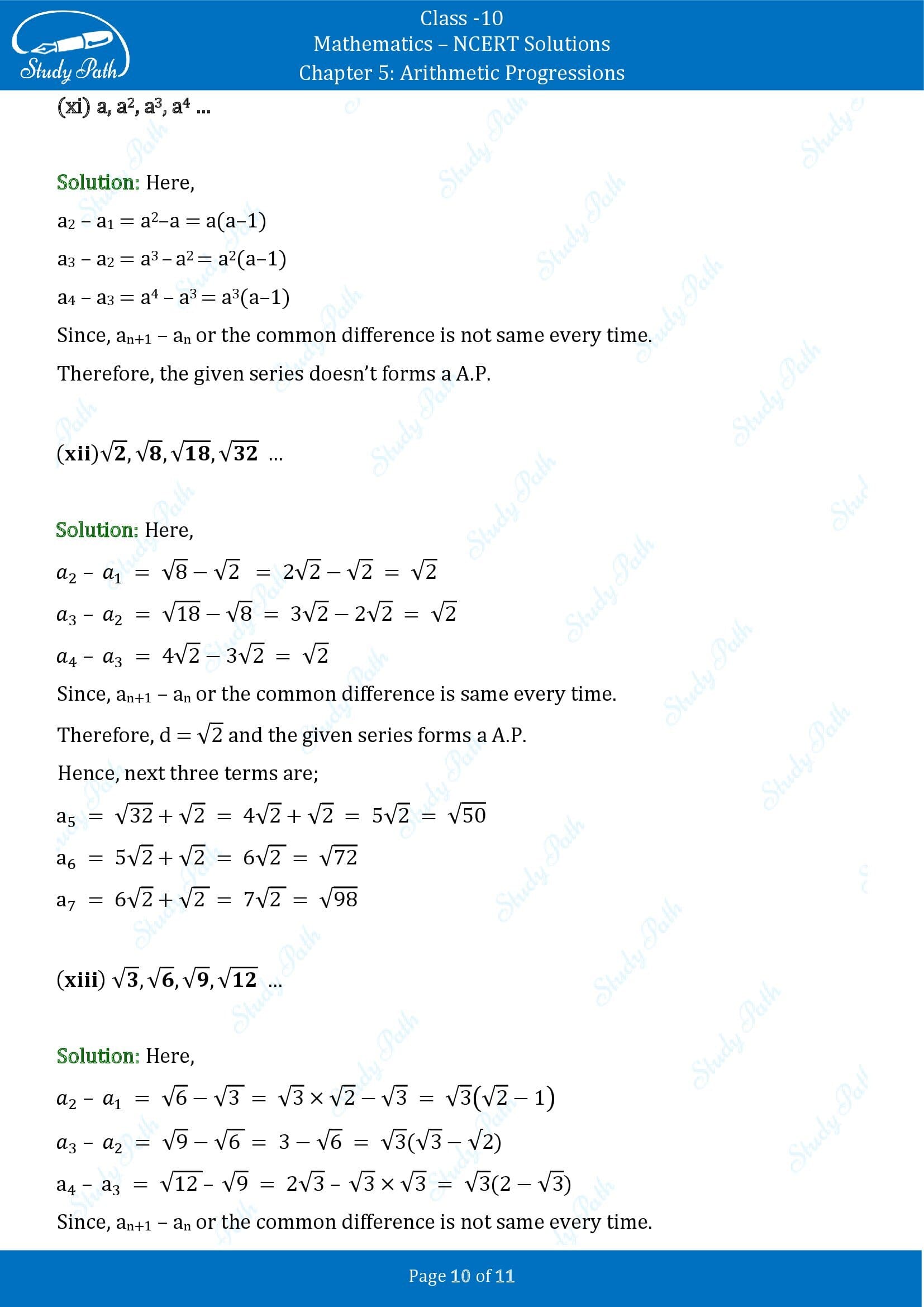 NCERT Solutions for Class 10 Maths Chapter 5 Arithmetic Progressions Exercise 5.1 00010