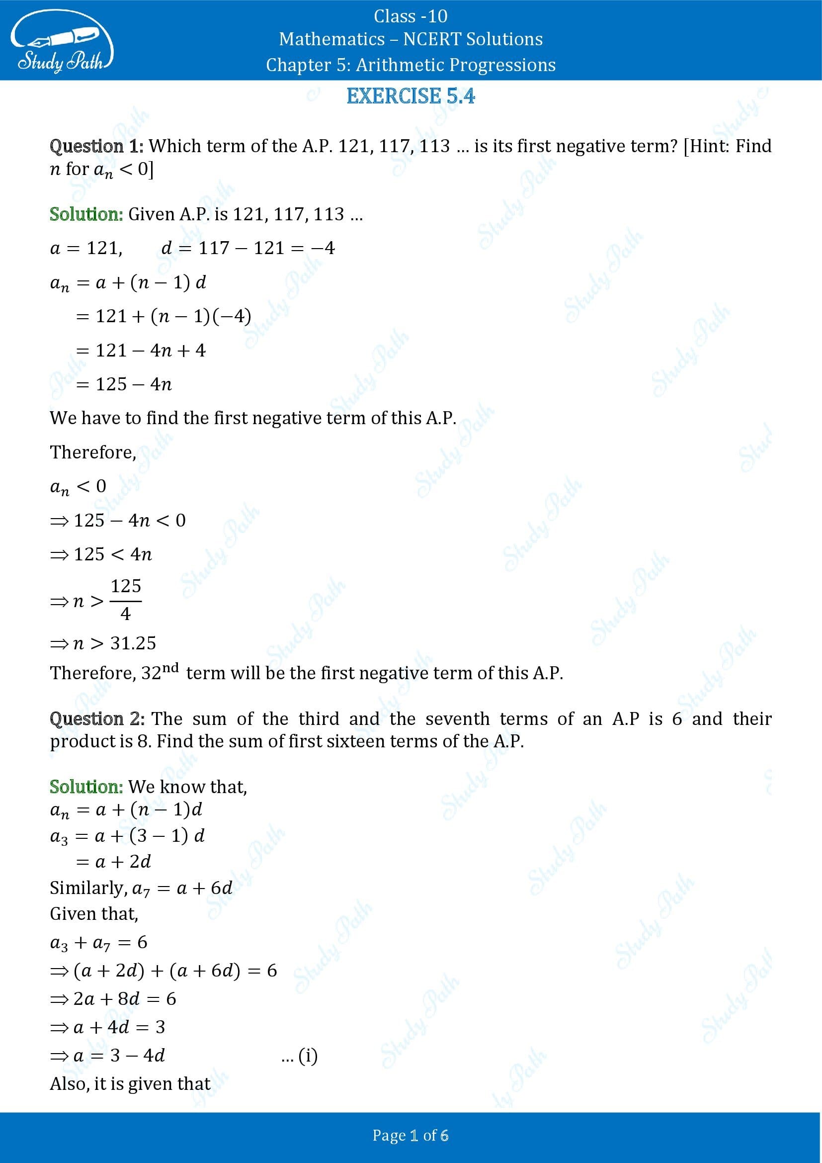 NCERT Solutions for Class 10 Maths Chapter 5 Arithmetic Progressions Exercise 5.4 00001