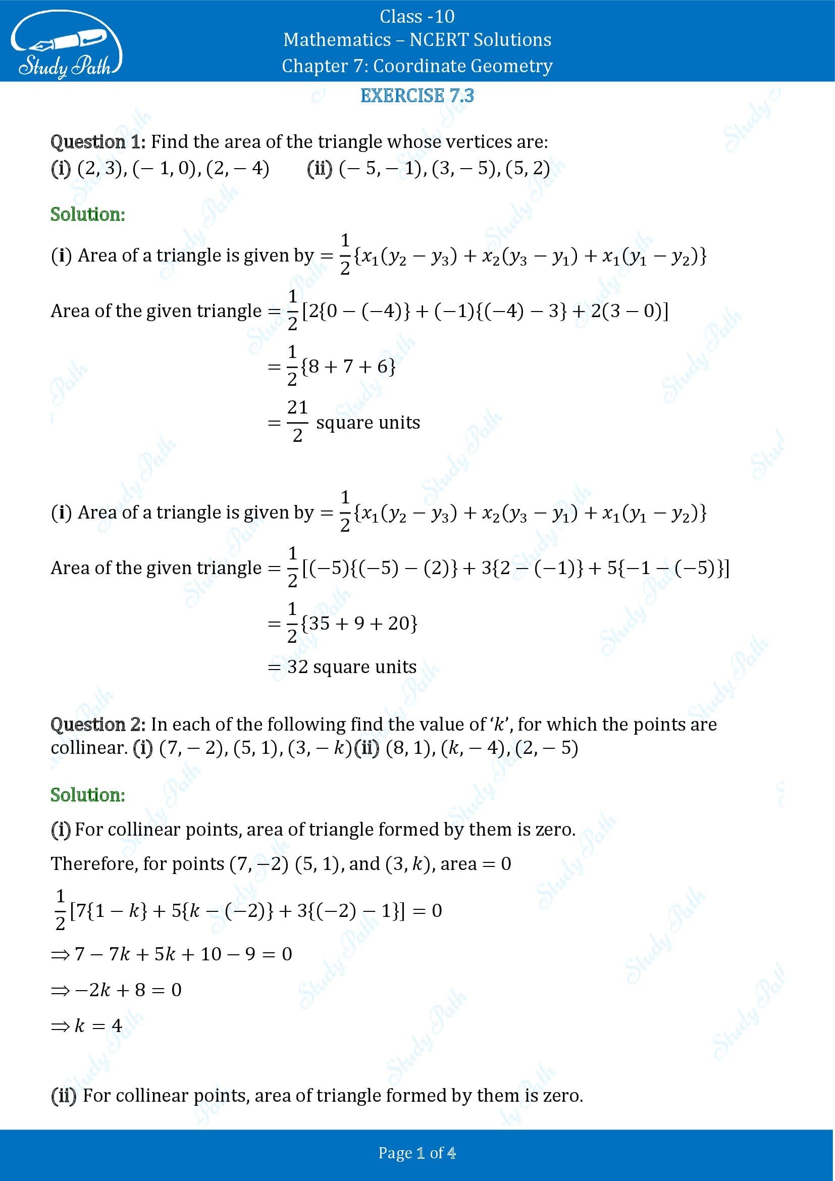 NCERT Solutions for Class 10 Maths Chapter 7 Coordinate Geometry Exercise 7.3 00001