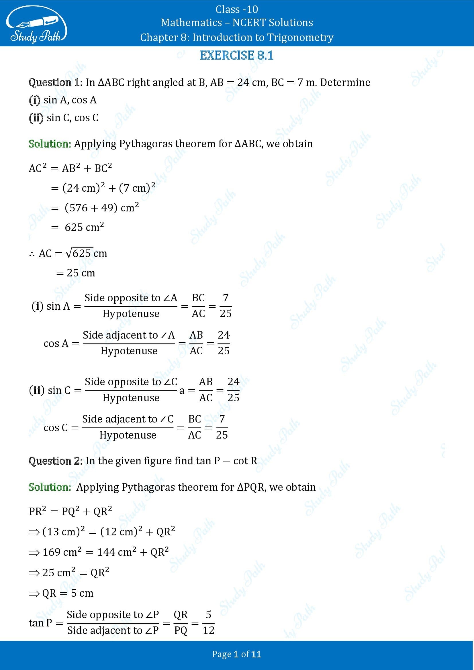 NCERT Solutions for Class 10 Maths Chapter 8 Introduction to Trigonometry Exercise 8.1 00001