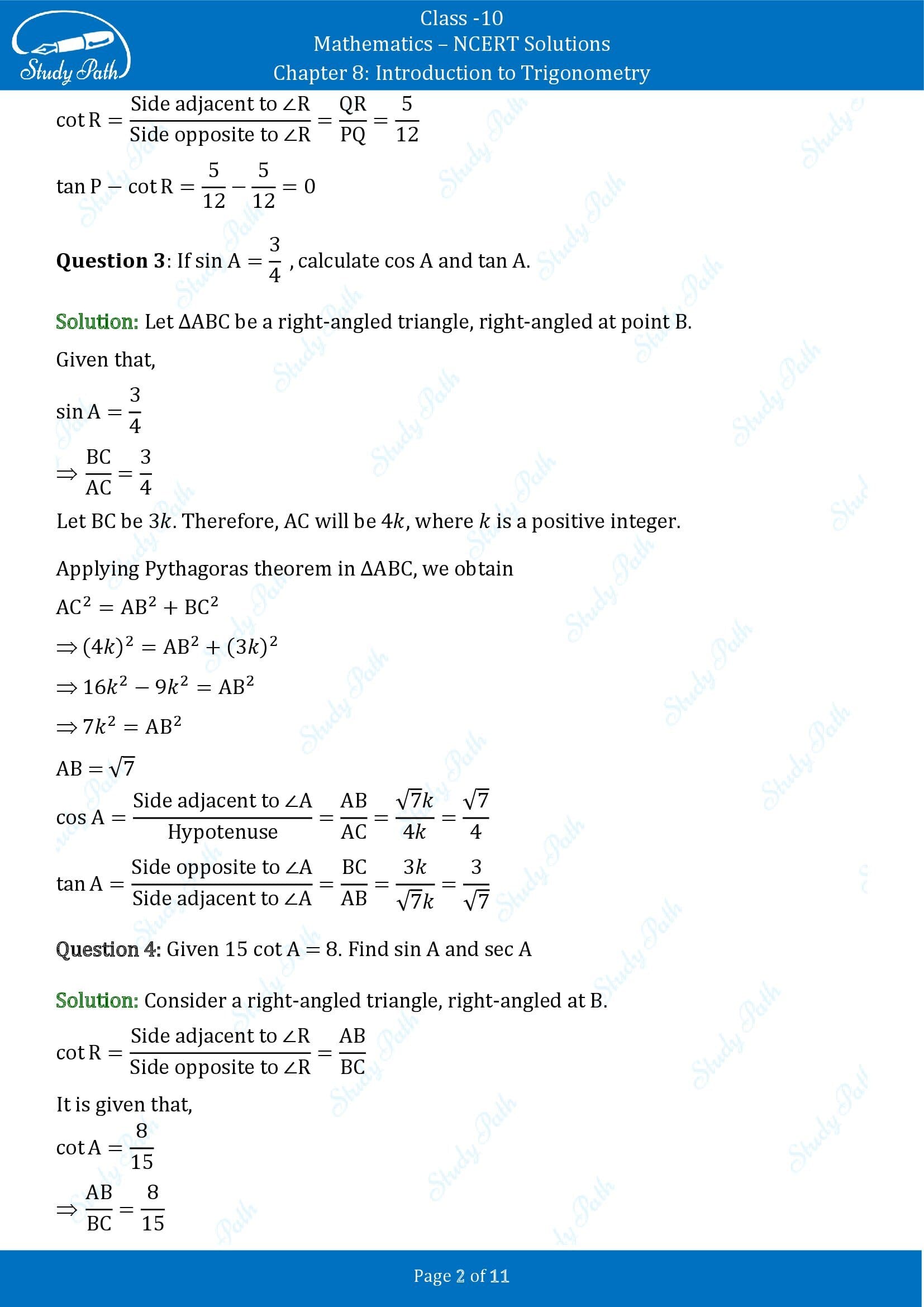 NCERT Solutions for Class 10 Maths Chapter 8 Introduction to Trigonometry Exercise 8.1 00002