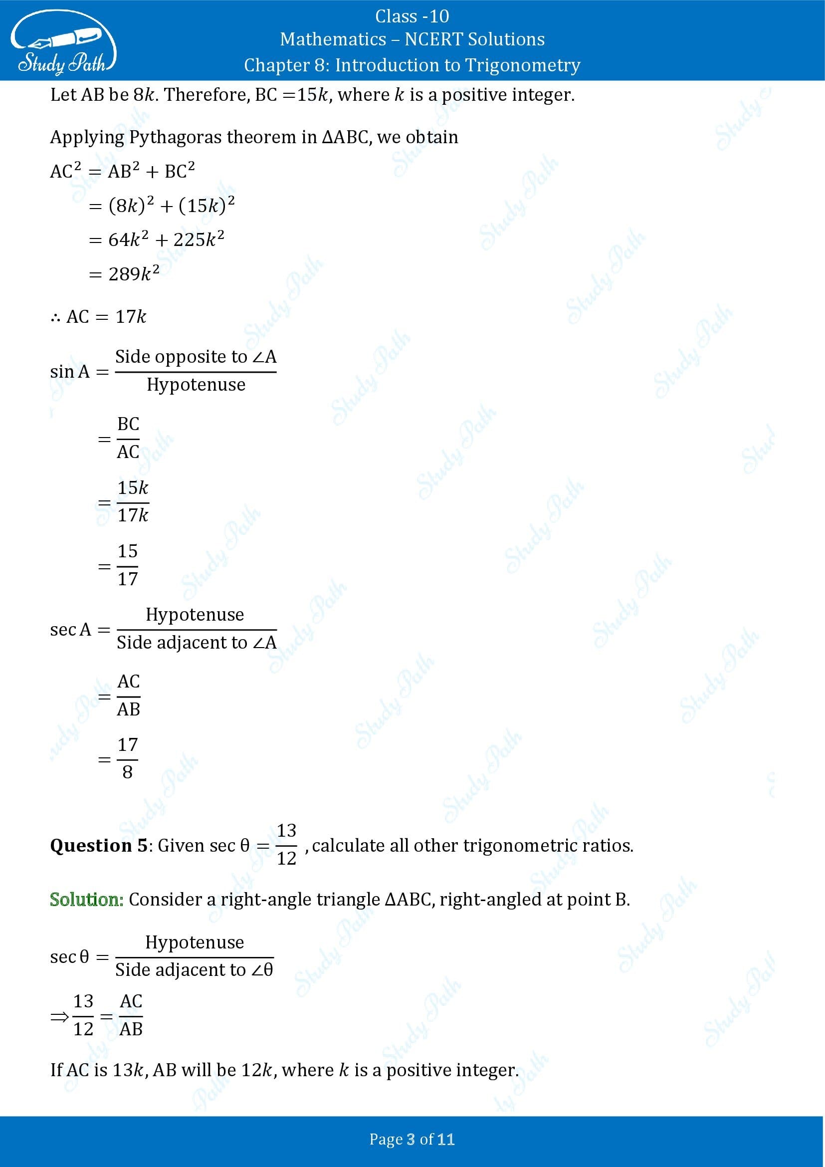 NCERT Solutions for Class 10 Maths Chapter 8 Introduction to Trigonometry Exercise 8.1 00003