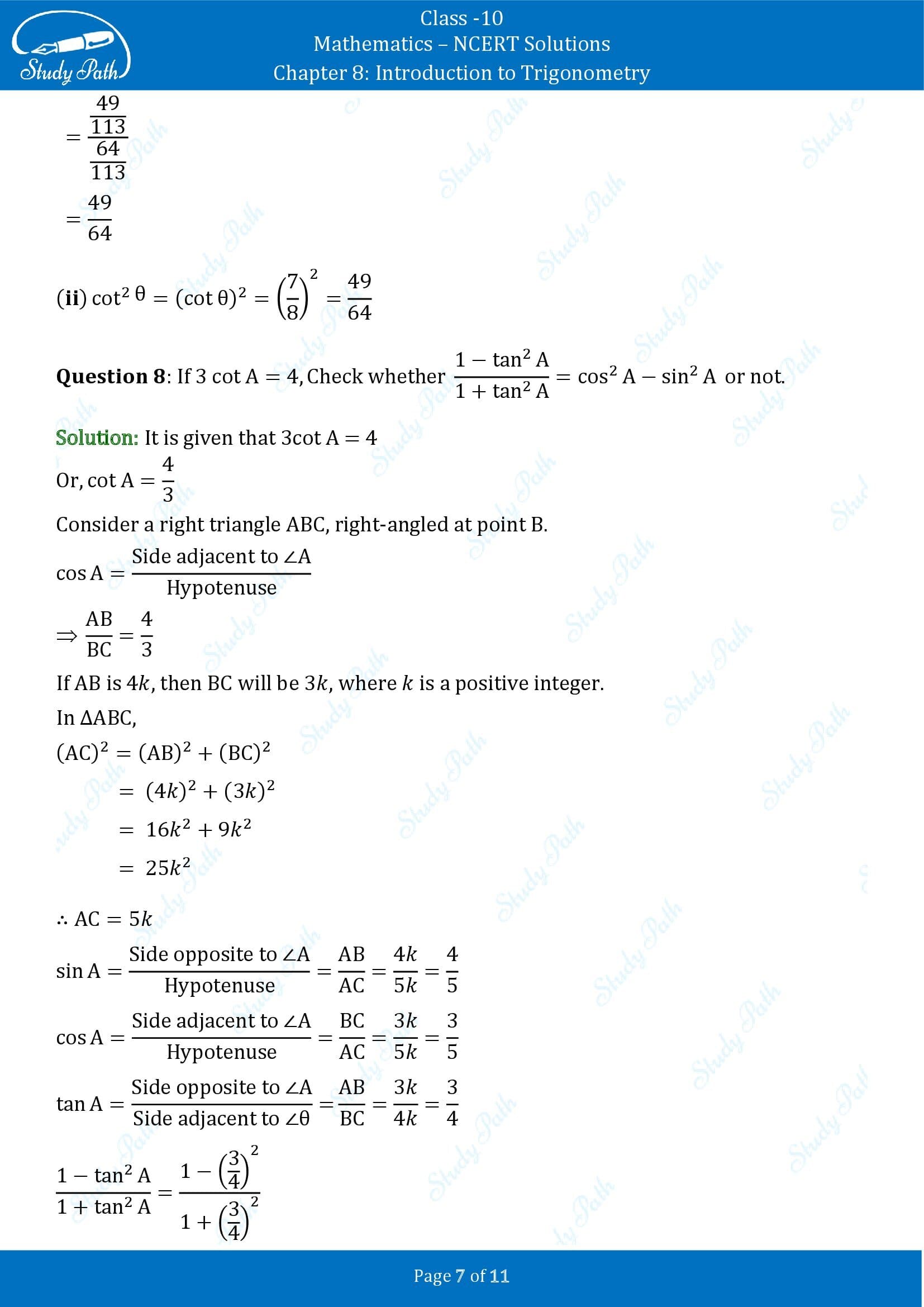 NCERT Solutions for Class 10 Maths Chapter 8 Introduction to Trigonometry Exercise 8.1 00007