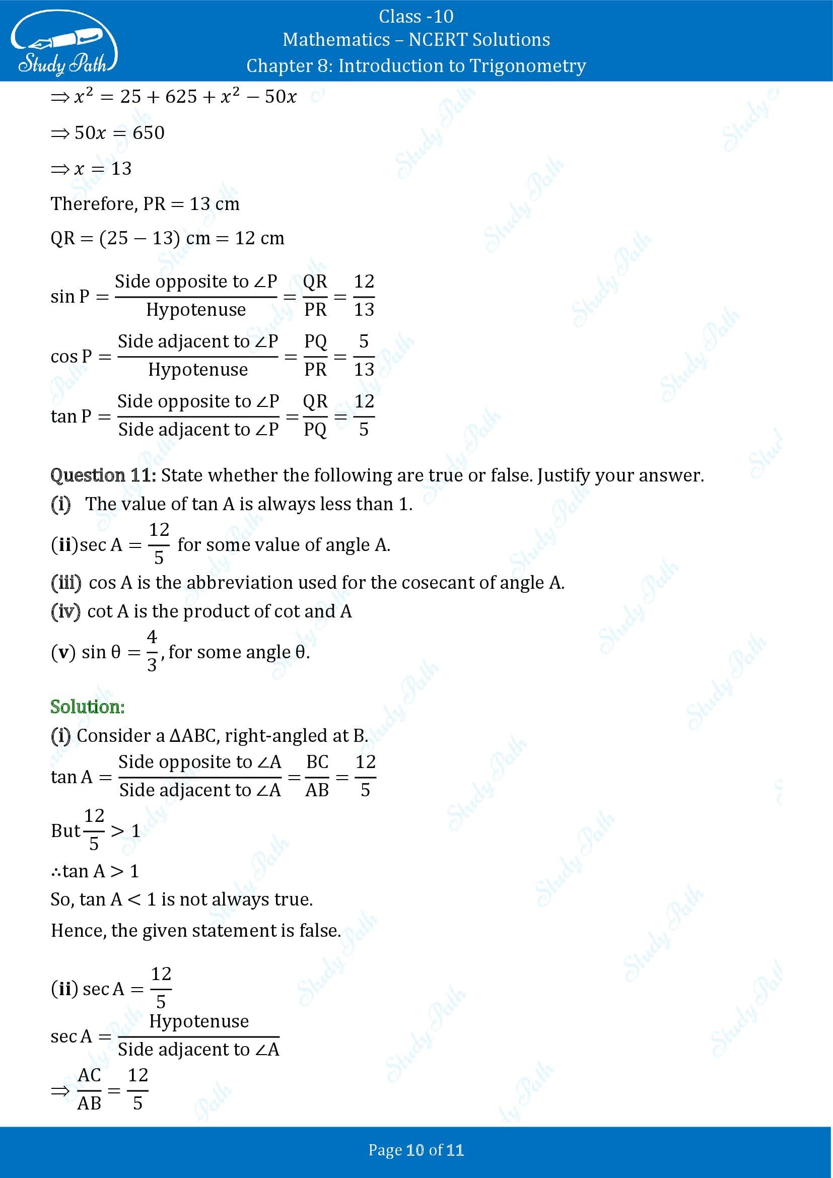 NCERT Solutions for Class 10 Maths Chapter 8 Introduction to Trigonometry Exercise 8.1 00010