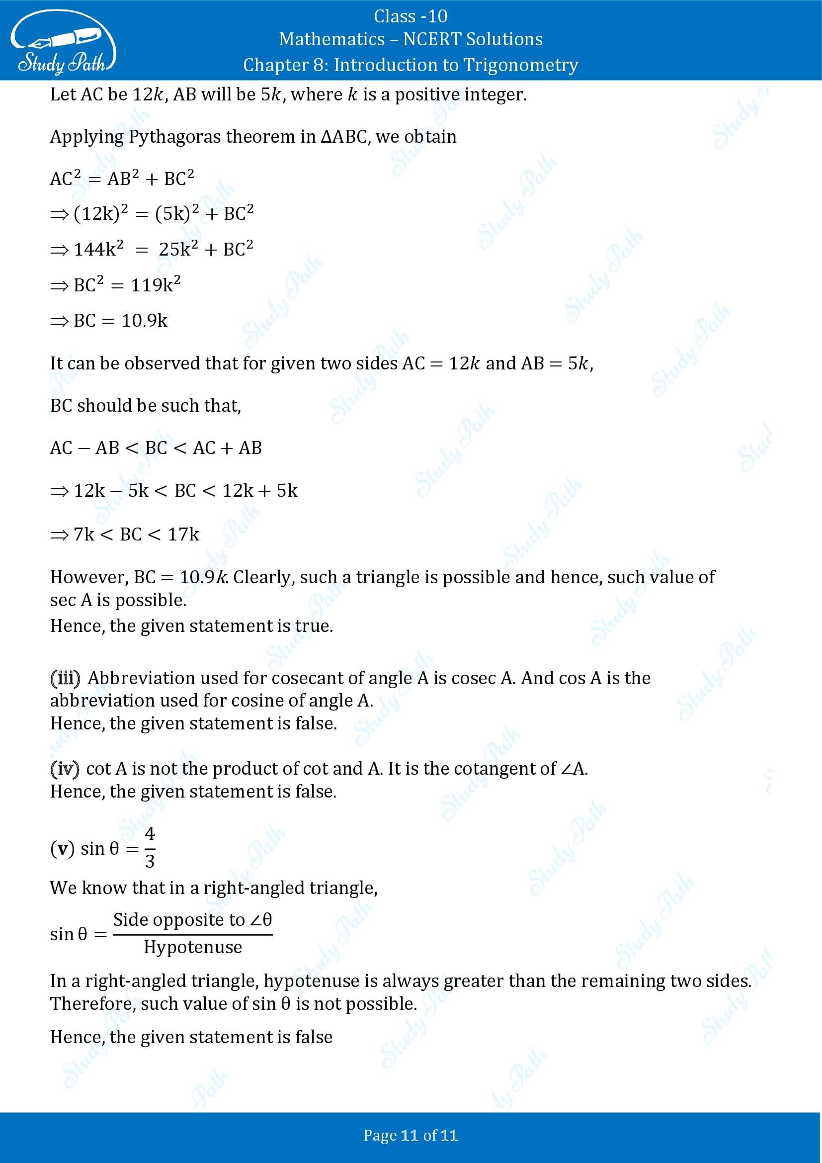 NCERT Solutions for Class 10 Maths Chapter 8 Introduction to Trigonometry Exercise 8.1 00011