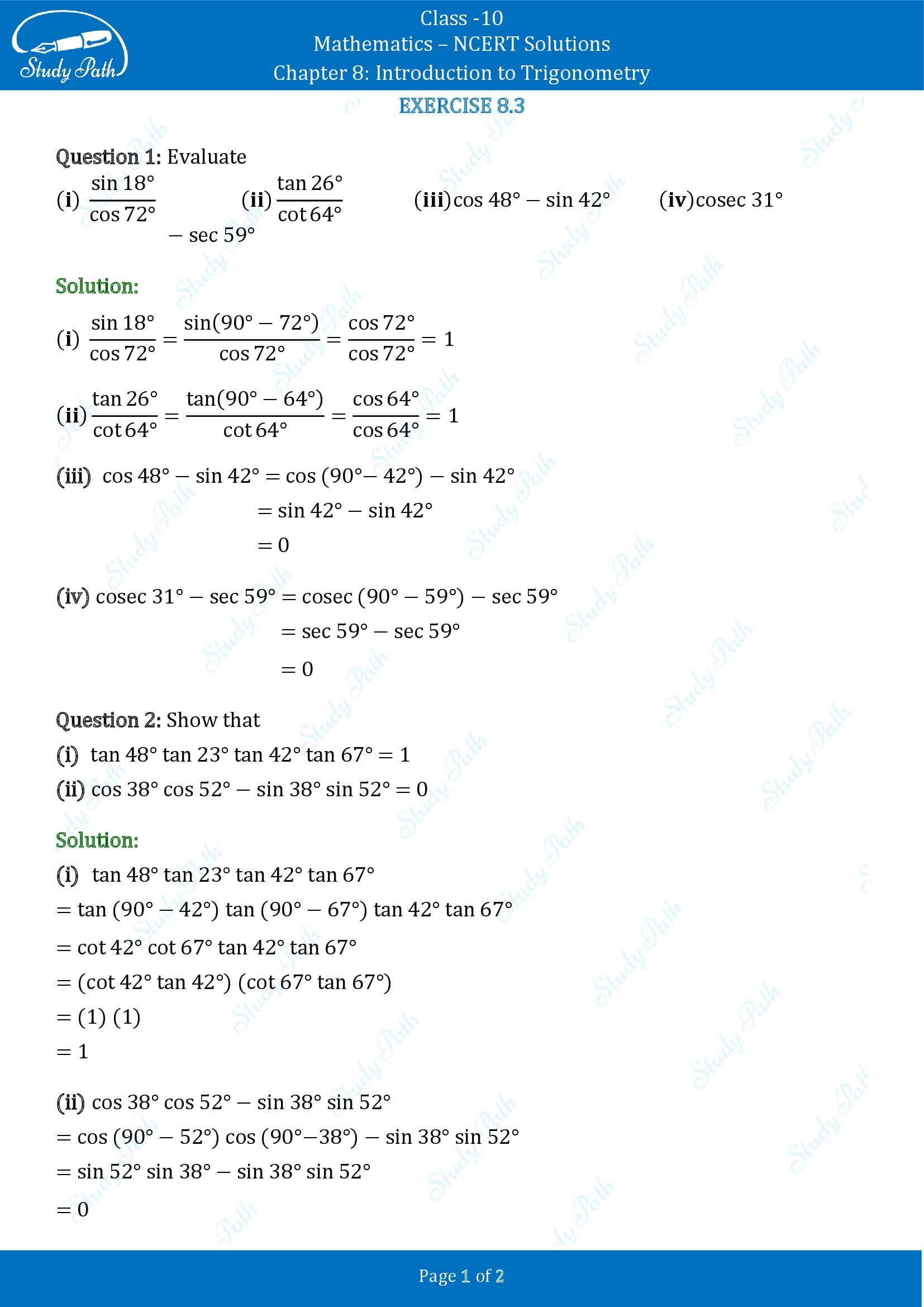 NCERT Solutions for Class 10 Maths Chapter 8 Introduction to Trigonometry Exercise 8.3 00001