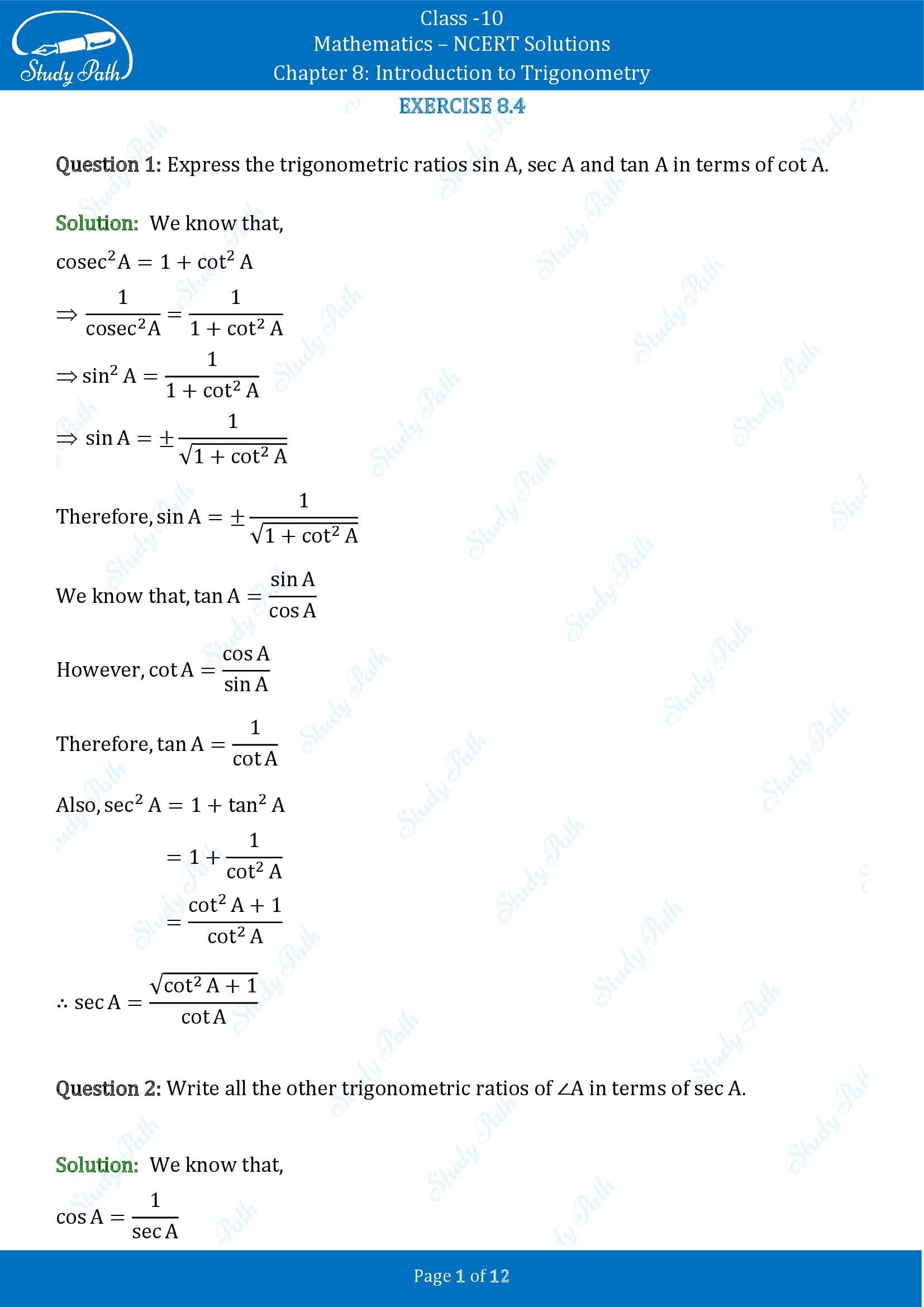 NCERT Solutions for Class 10 Maths Chapter 8 Introduction to Trigonometry Exercise 8.4 00001