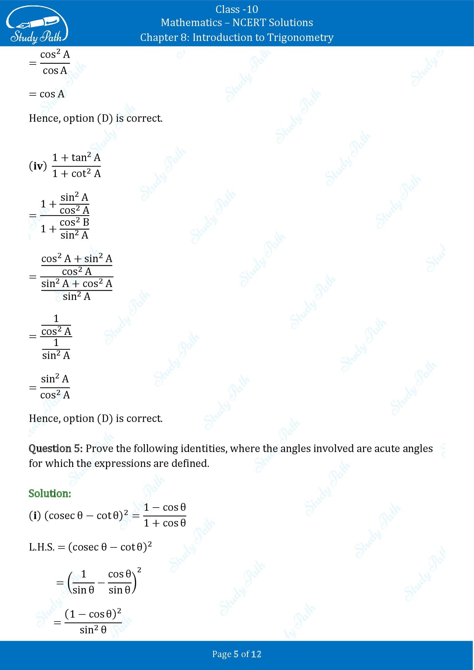 NCERT Solutions for Class 10 Maths Chapter 8 Introduction to Trigonometry Exercise 8.4 00005