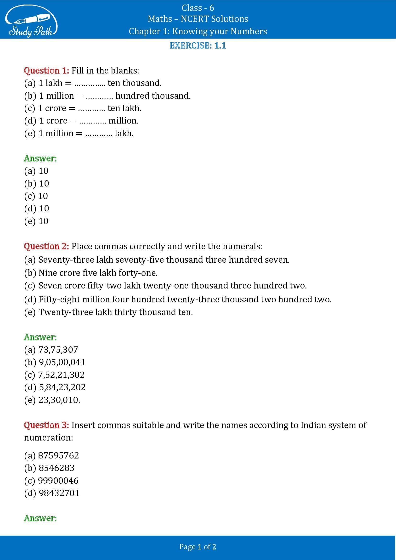 NCERT Solutions for Class 6 Maths Chapter 1 Knowing Your Numbers Exercise 1.1 00001