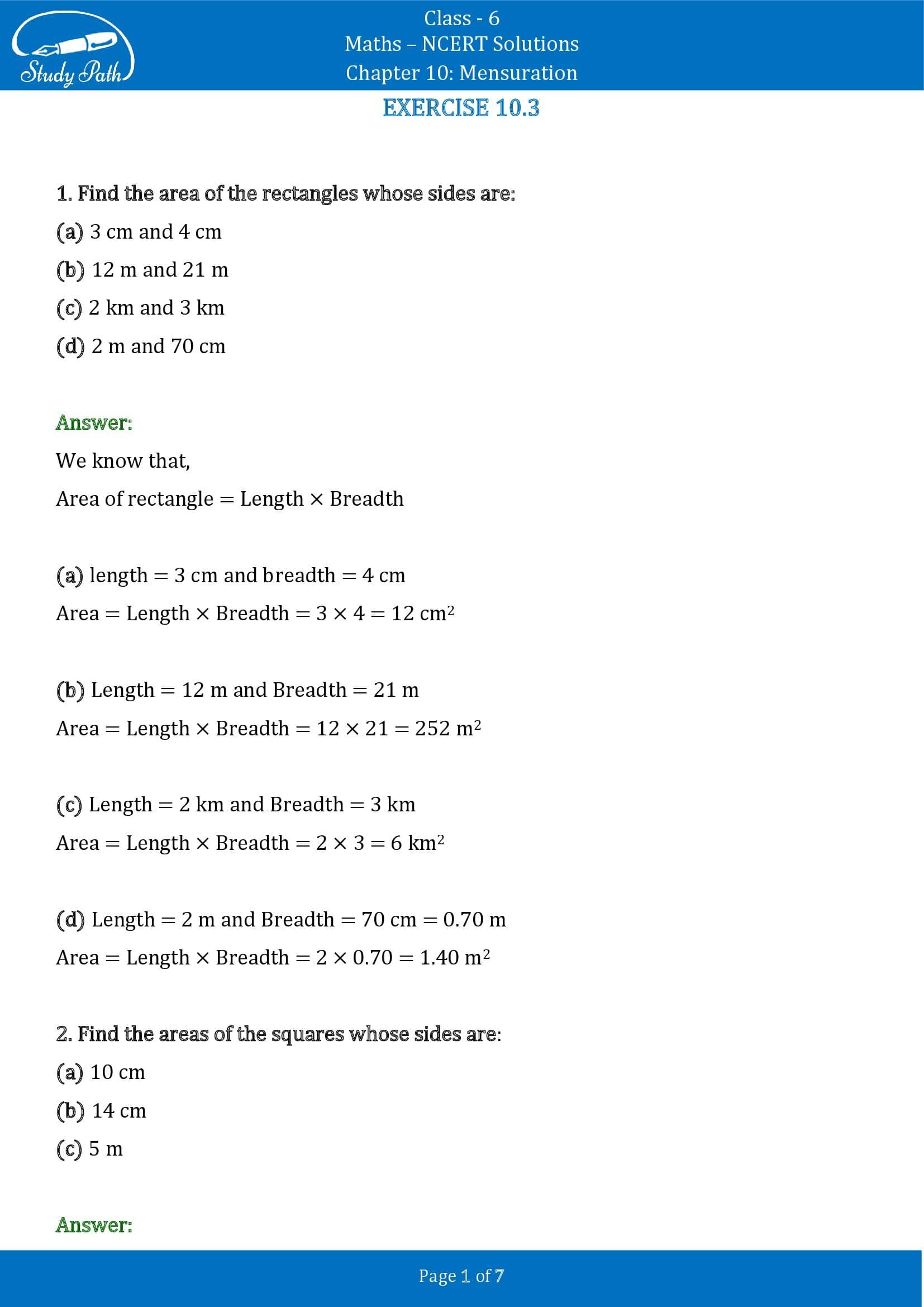 NCERT Solutions for Class 6 Maths Chapter 10 Mensuration Exercise 10.3 00001