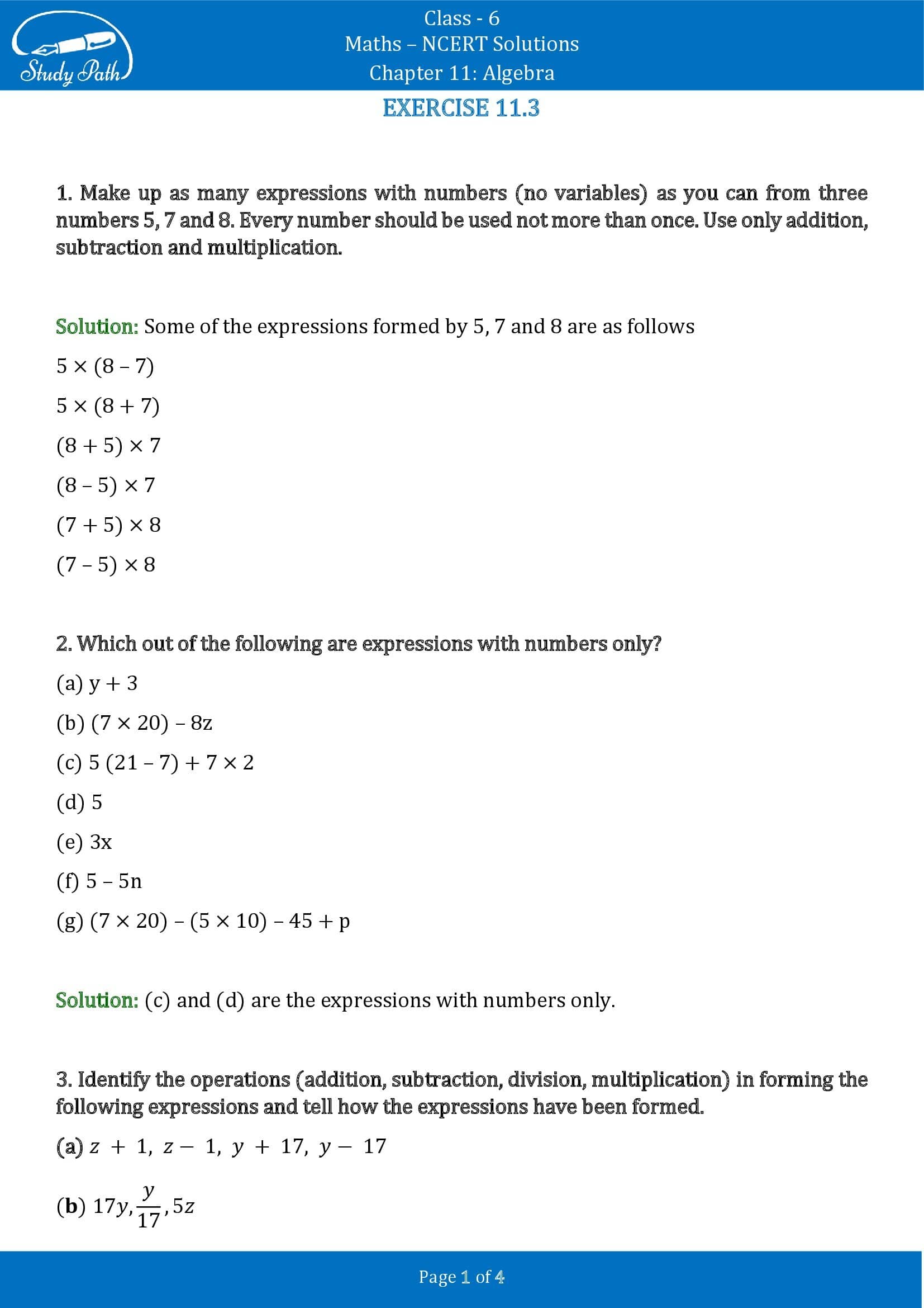 NCERT Solutions for Class 6 Maths Chapter 11 Algebra Exercise 11.3 00001