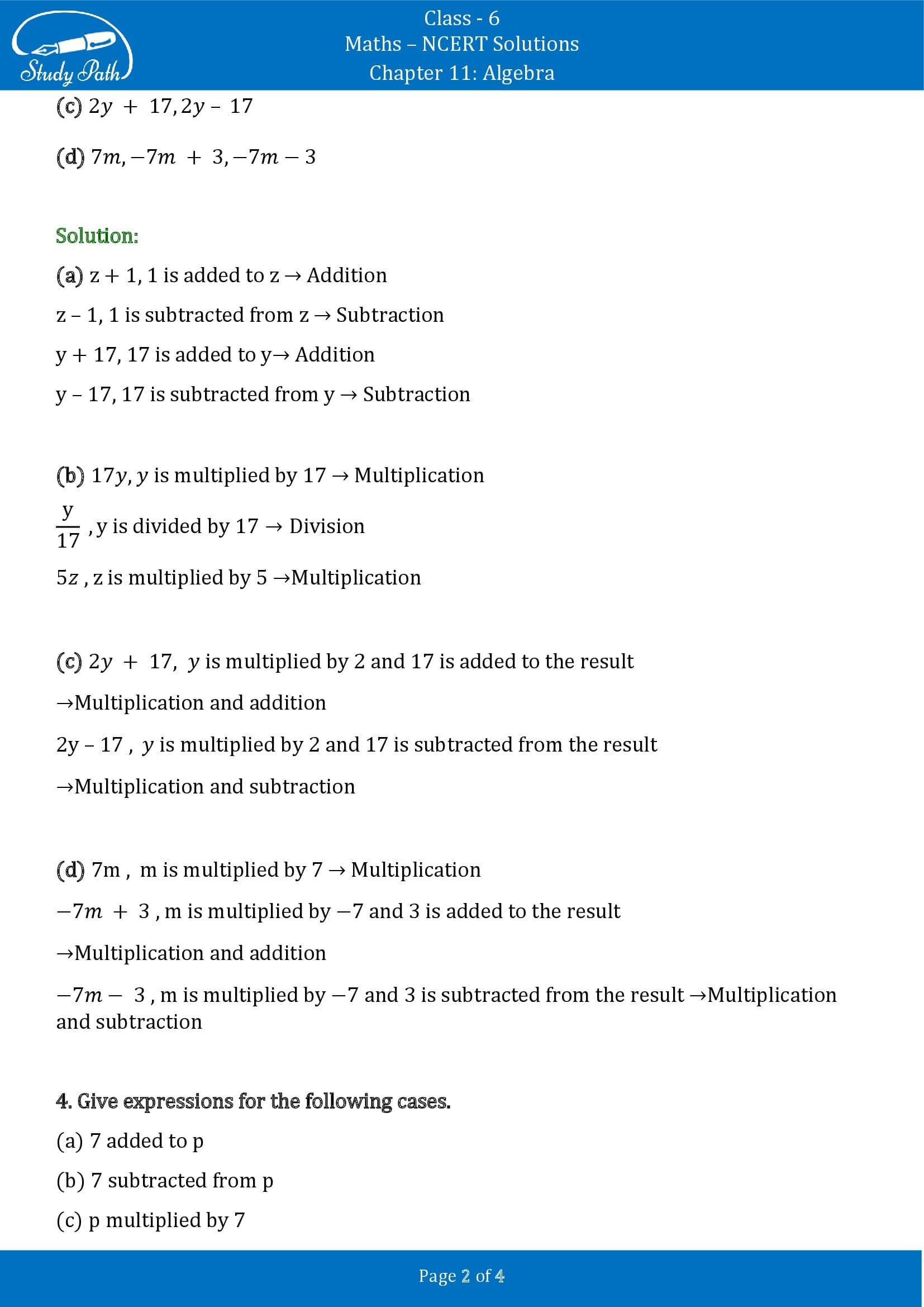 NCERT Solutions for Class 6 Maths Chapter 11 Algebra Exercise 11.3 00002
