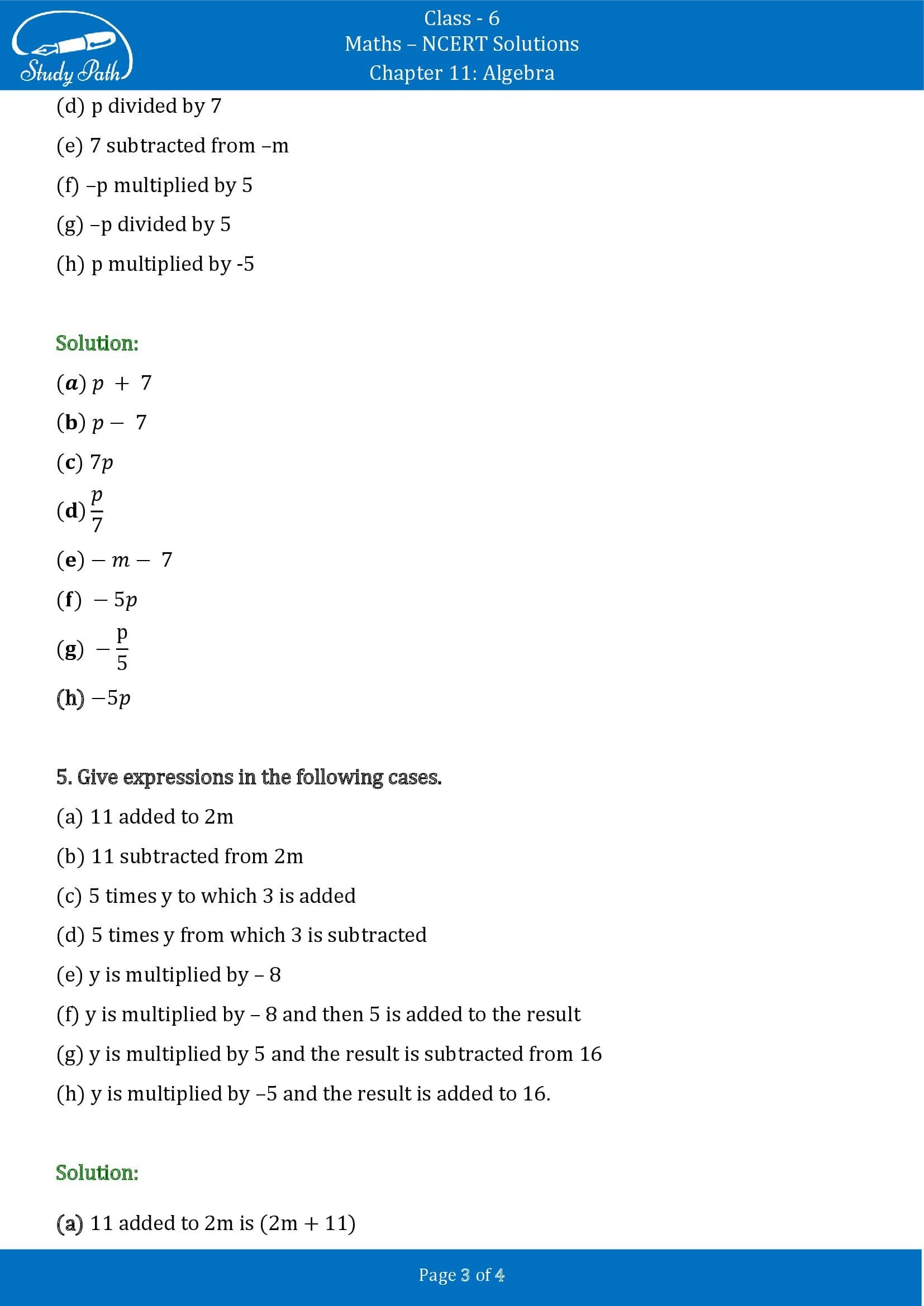 NCERT Solutions for Class 6 Maths Chapter 11 Algebra Exercise 11.3 00003