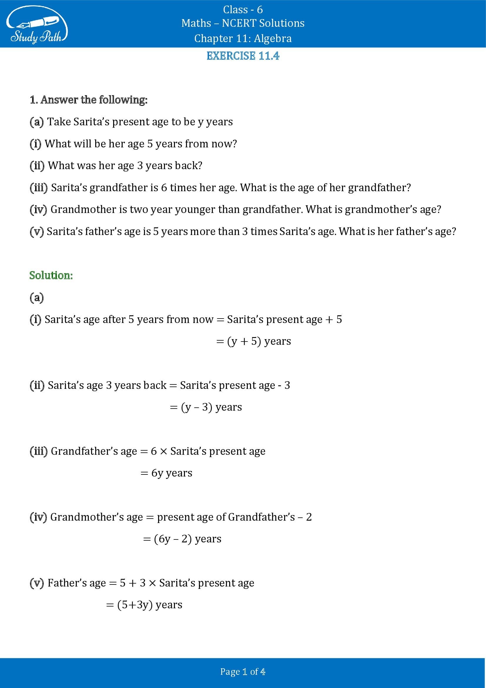 NCERT Solutions for Class 6 Maths Chapter 11 Algebra Exercise 11.4 00001