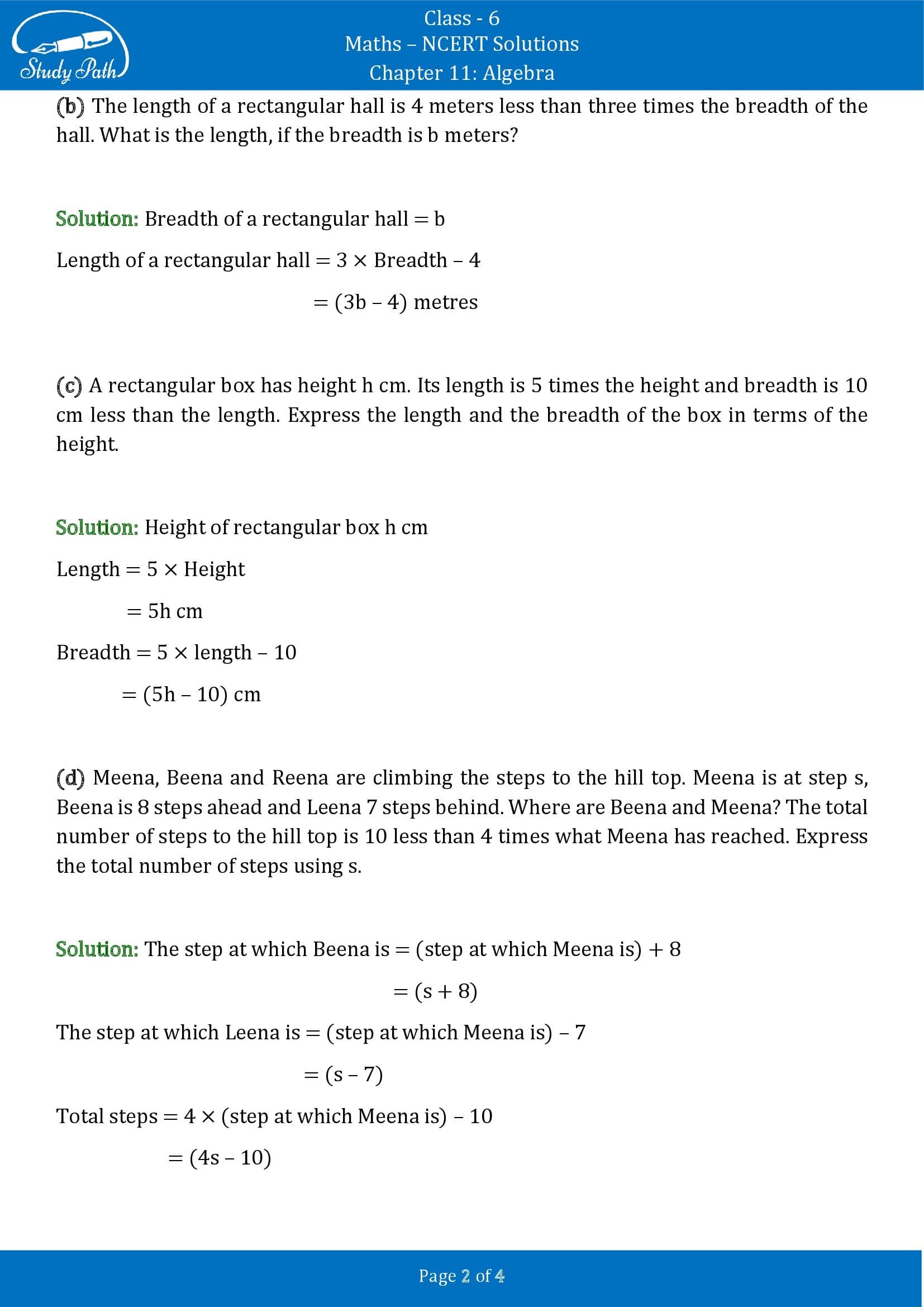 NCERT Solutions for Class 6 Maths Chapter 11 Algebra Exercise 11.4 00002